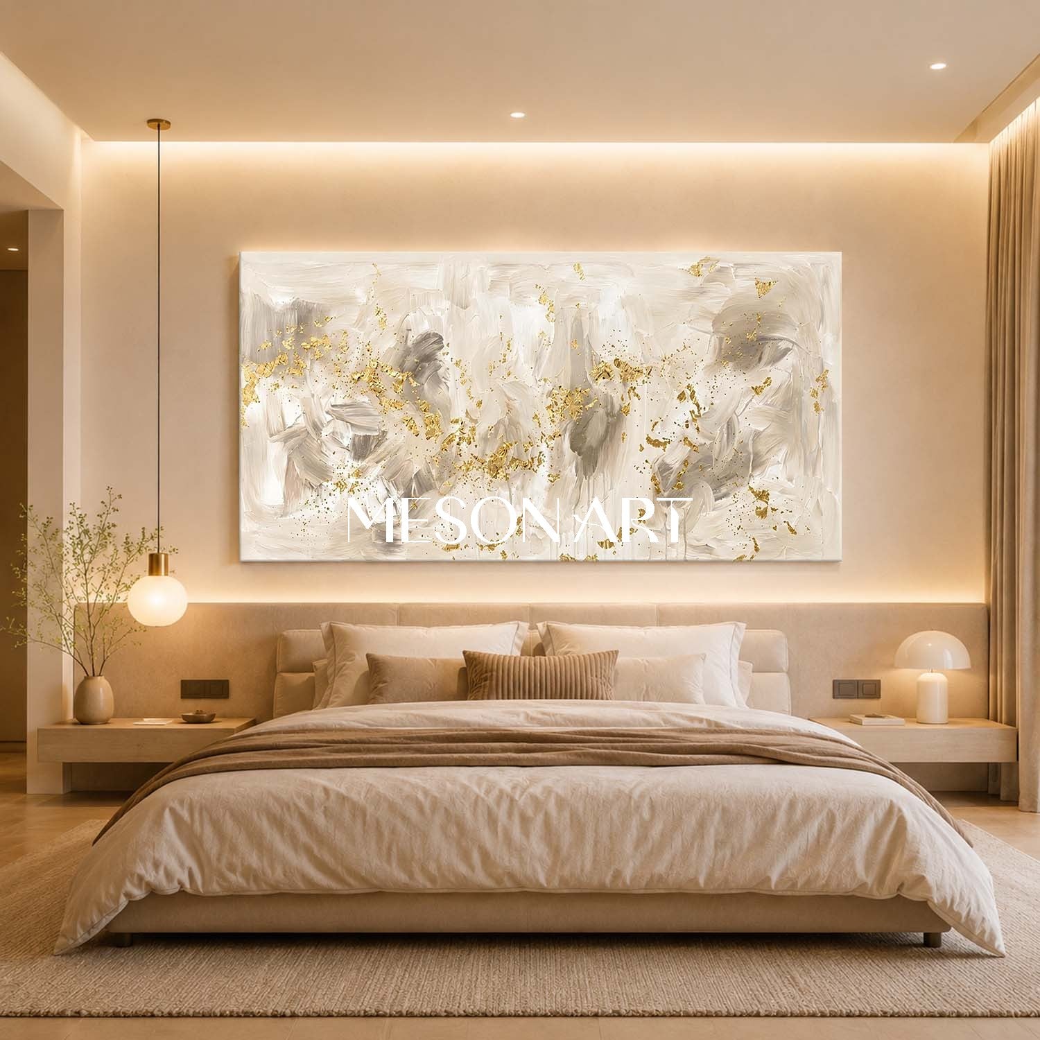 Luxury Gold Leaf Abstract Painting On Linen Canvas For Modern Living Room And Entryway Decor