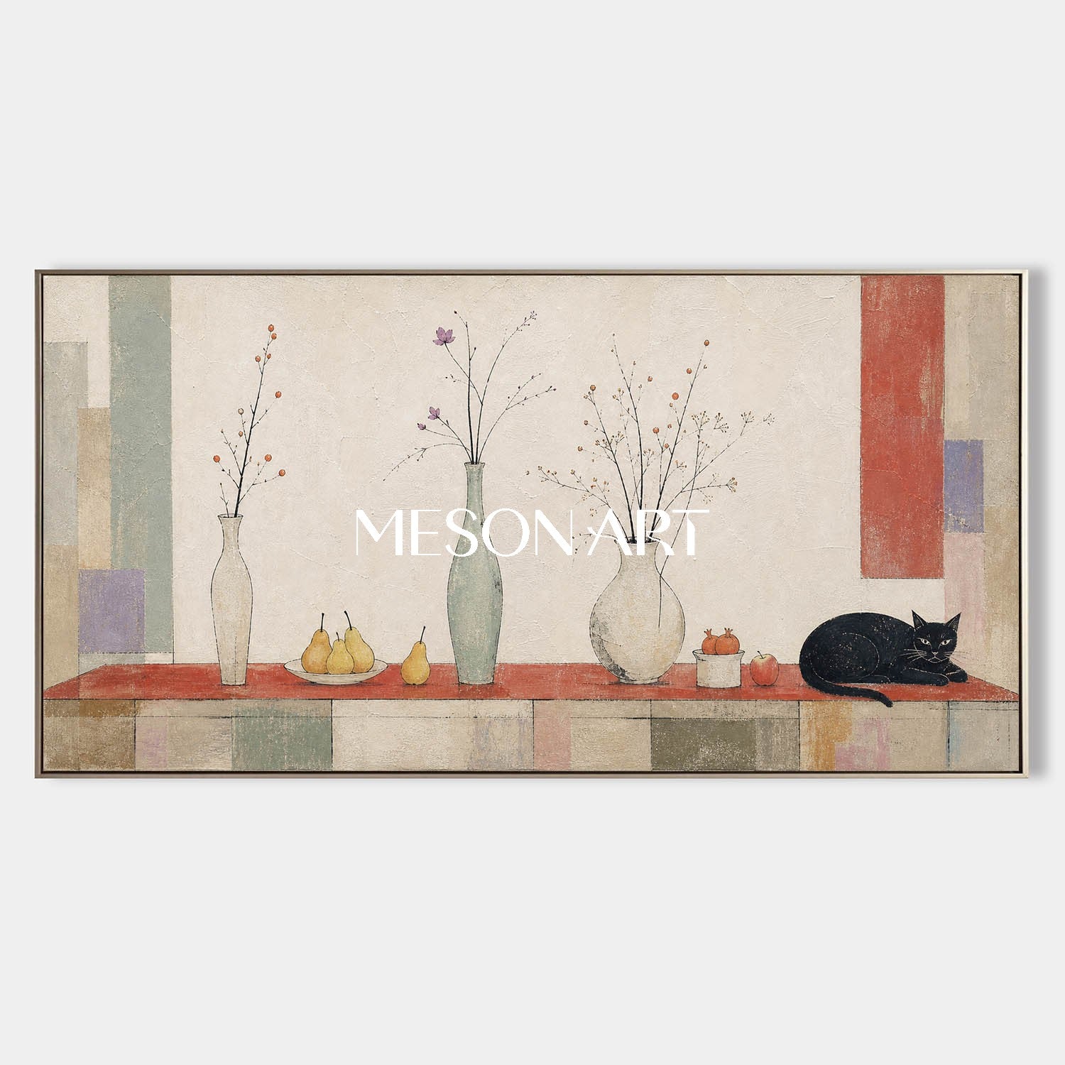 Large Original Still Life Painting With Cat And Pears For Dining Room Wall Decor In Art Deco Style