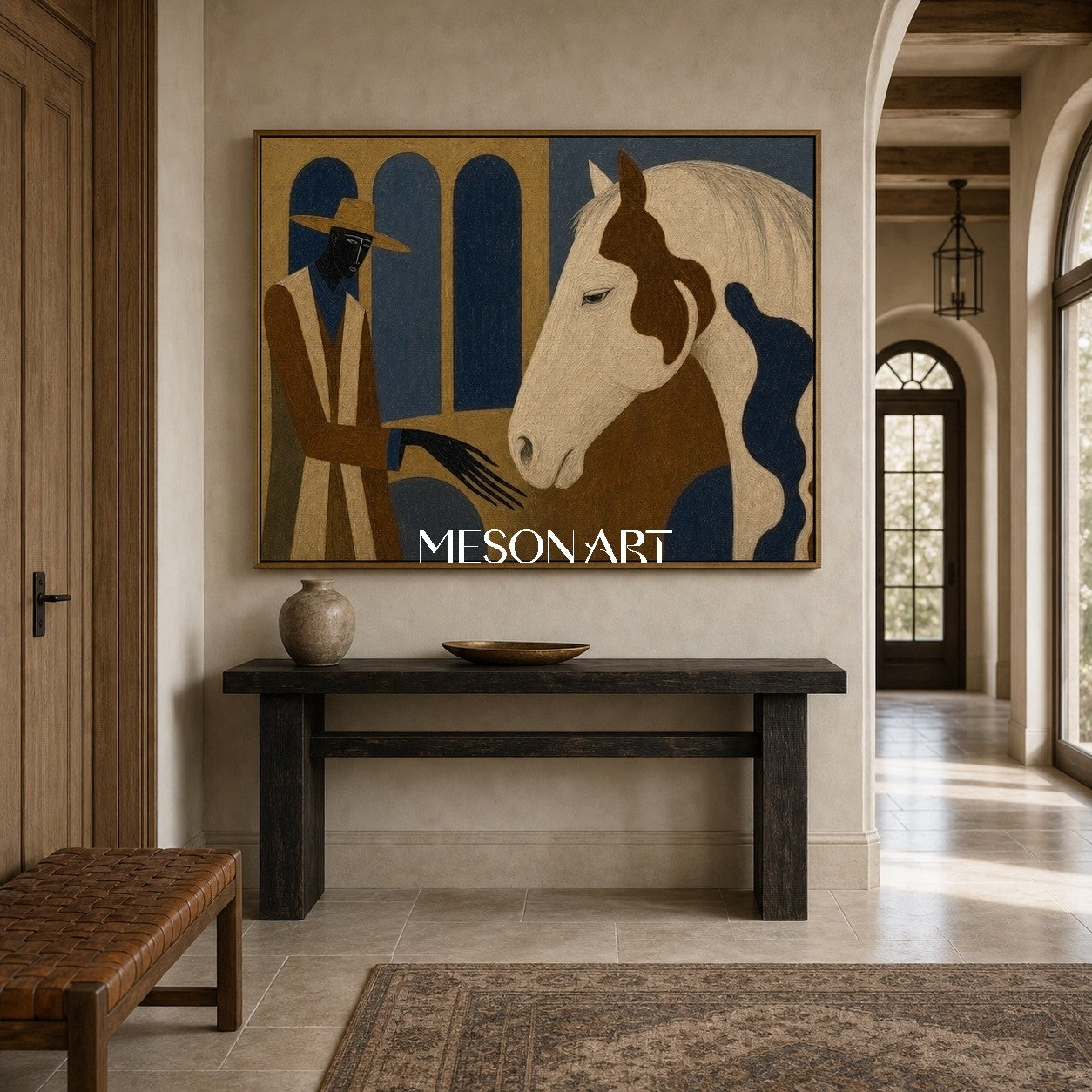 Art Deco Cowboy And Horse Painting For Living Room Decor
