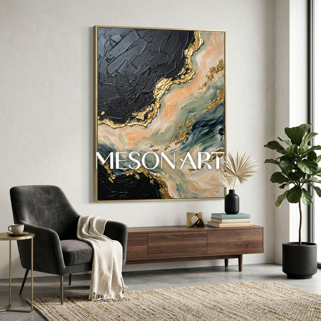 Gilded Tides Abstract Plaster Art With Gold Accents For Living Room Decor
