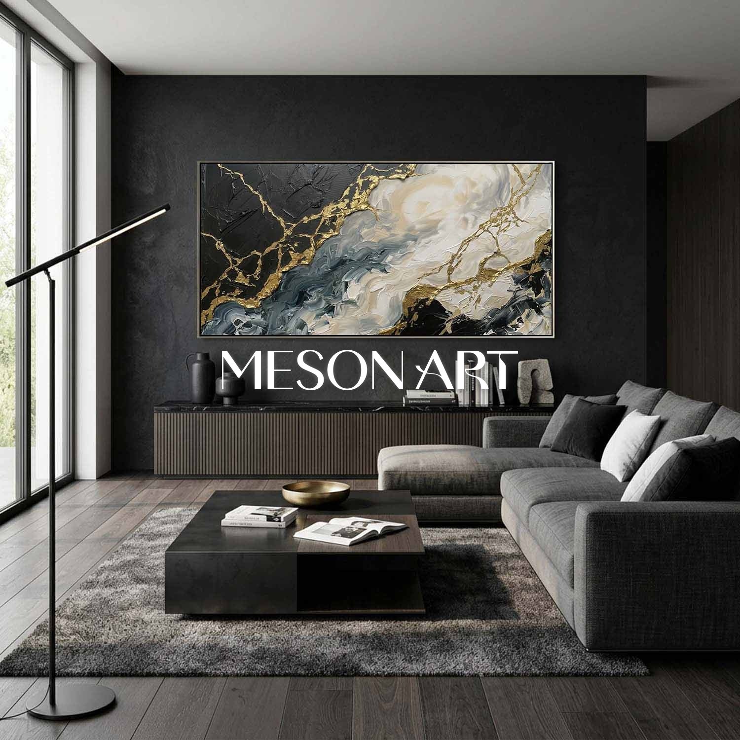 Gilded Tides Abstract Plaster Art With Gold Veins For Modern Living Room Decor