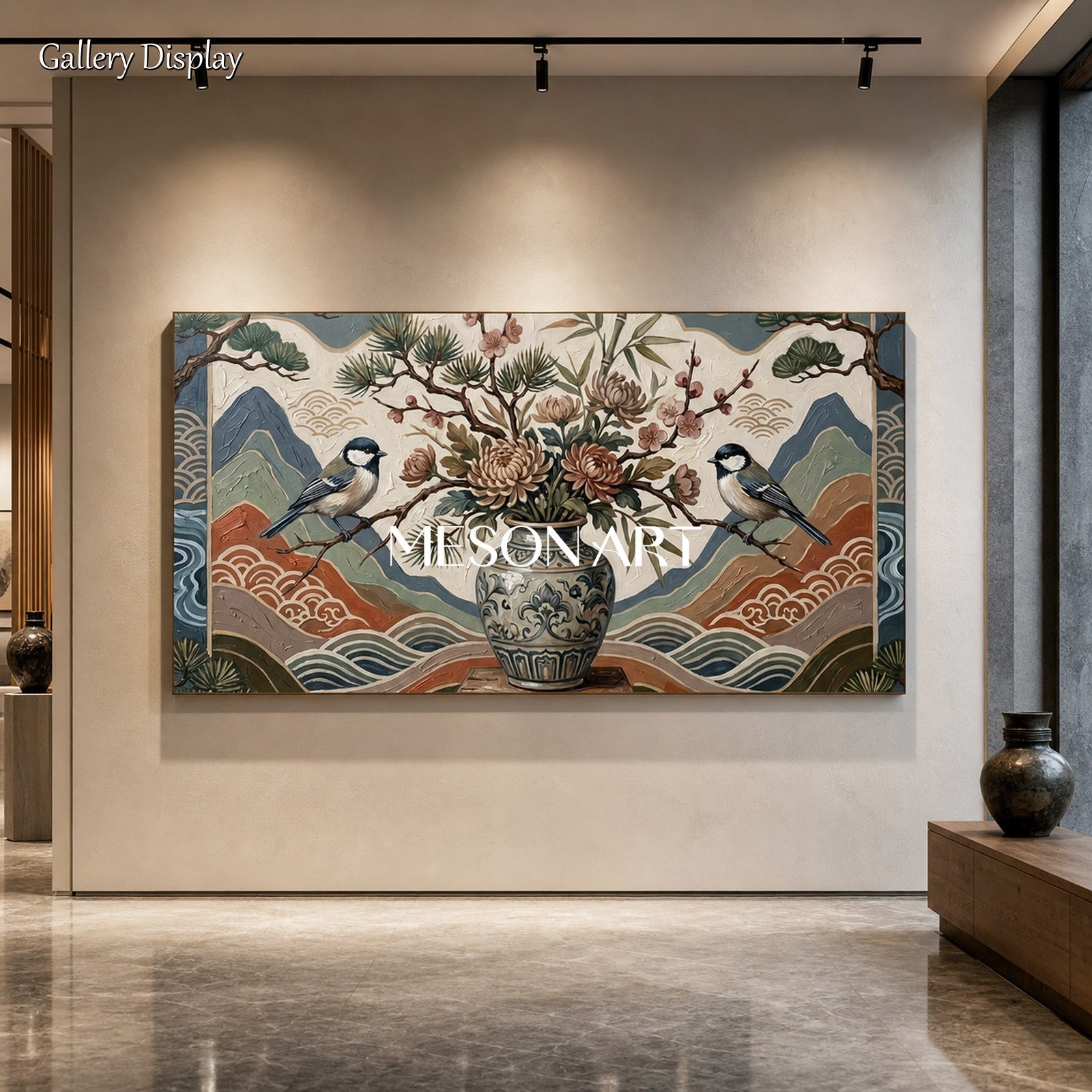 Large Chinoiserie Bird And Floral Art Painting With Textured Relief For Living Room Decor