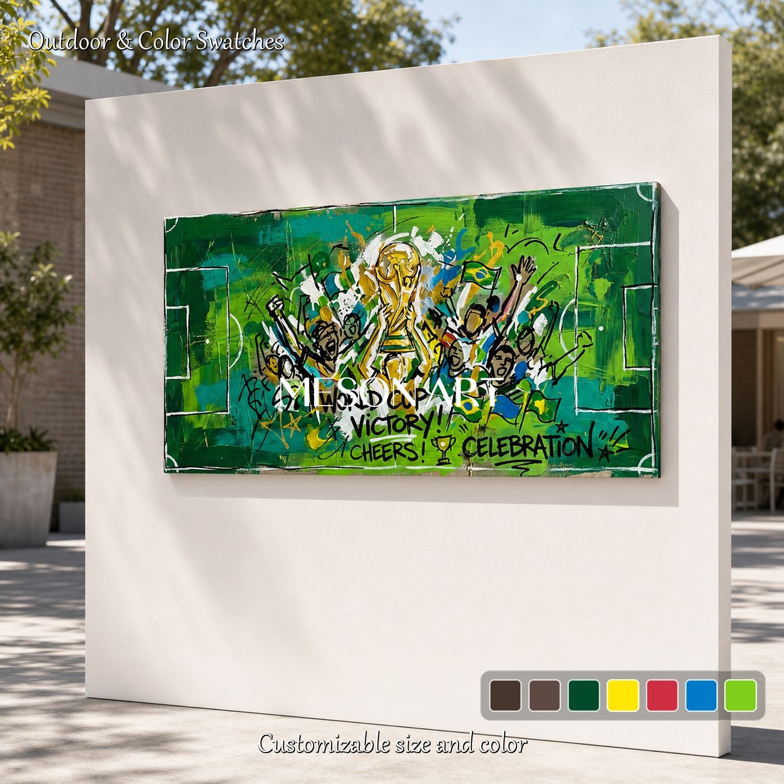 Large World Cup Graffiti Painting Green Gold Sports Art For Living Room Entryway