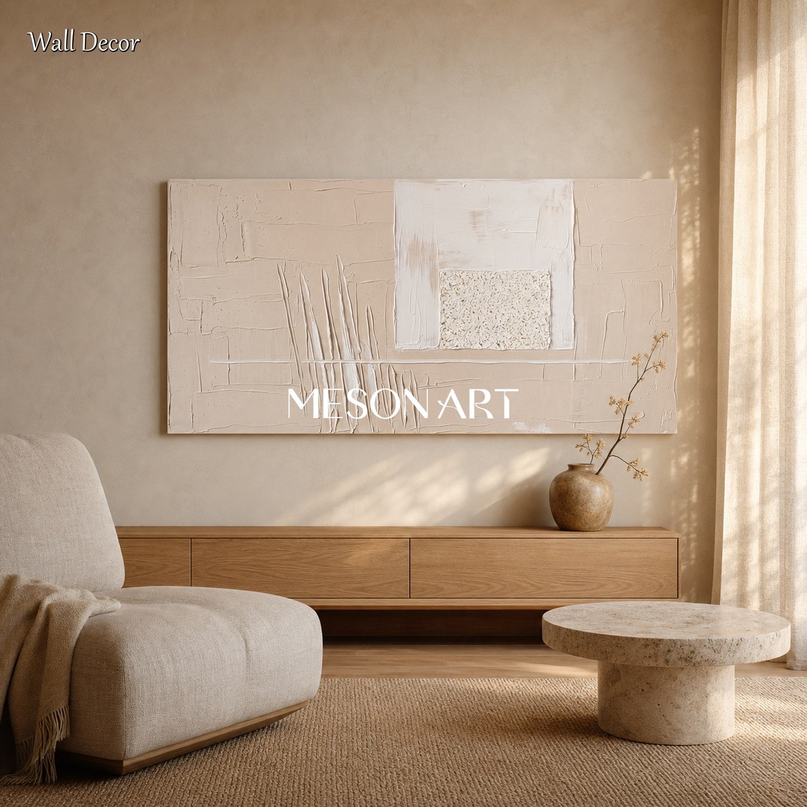 Minimalist Beige Abstract Painting With Textured Relief For Modern Living Room Decor