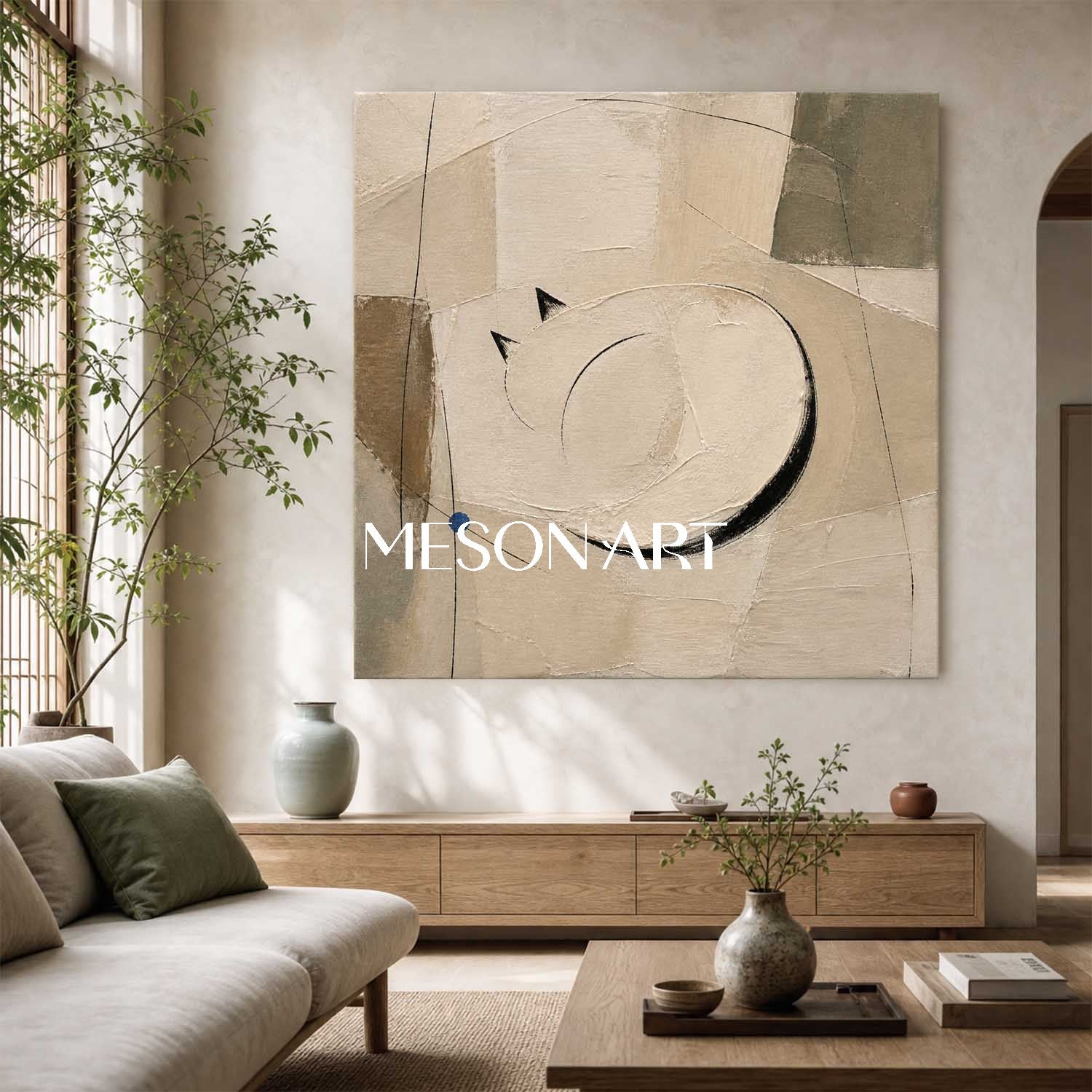 Minimalist Cat Abstract Art In Beige And Black For Modern Living Room Decor