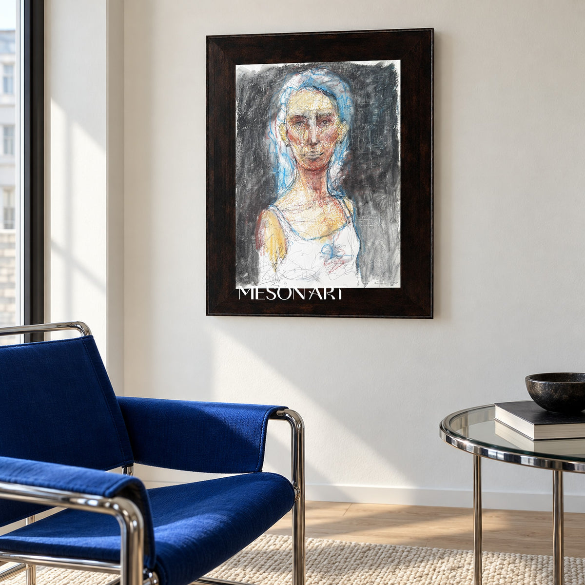 Black And White Figurative Expressionist Portrait Painting Rectangular Wall Art For Living Room By Mesonart