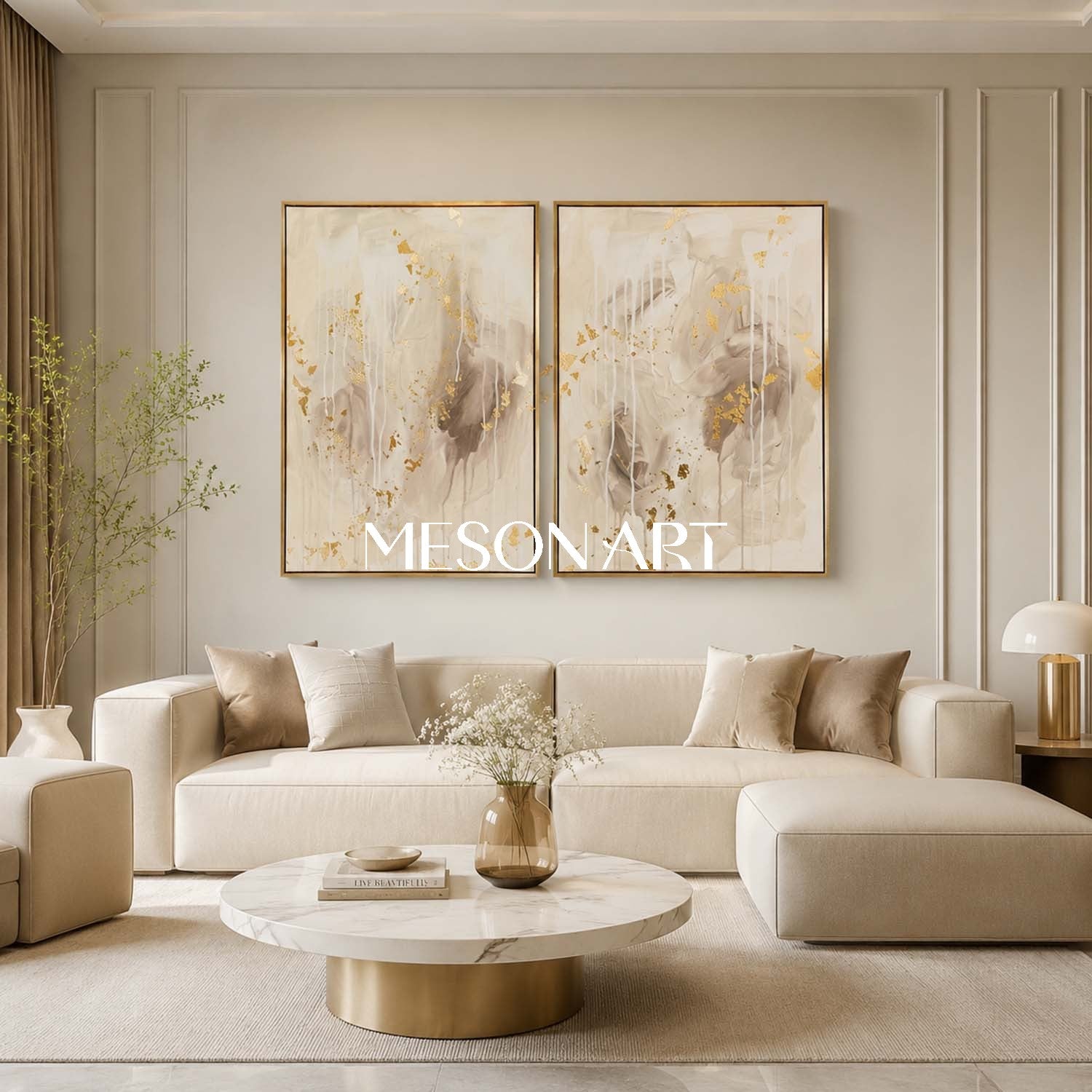 Gilded Abstract Diptych With Gold Leaf For Modern Living Room And Entryway Decor