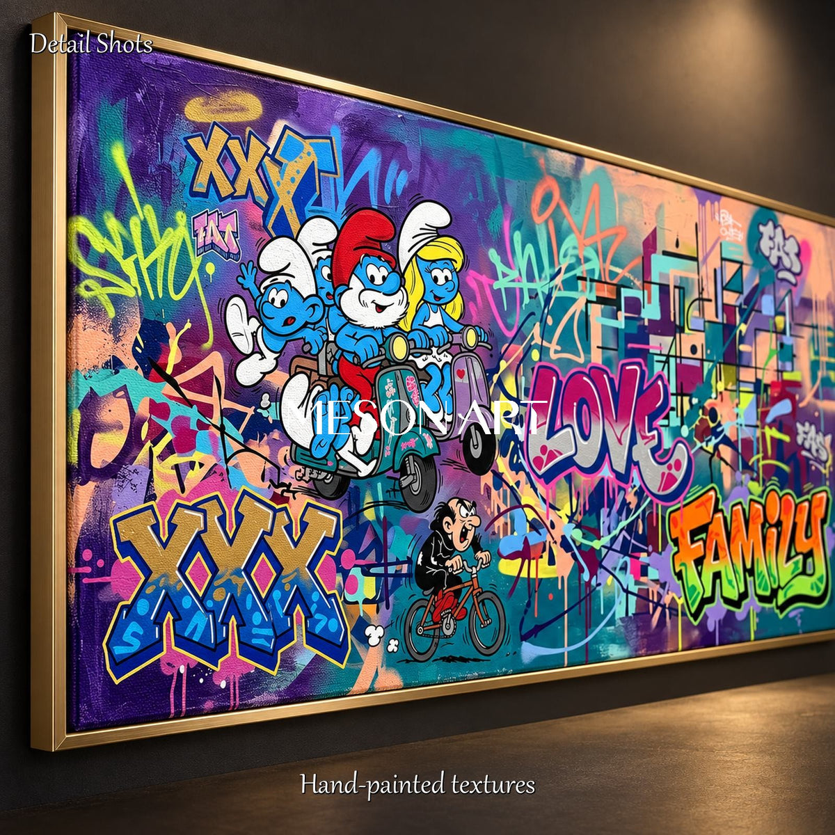 Blue And Purple Abstract Graffiti Art Large Smurf Painting Panoramic Wall Decor For Living Room By Mesonart