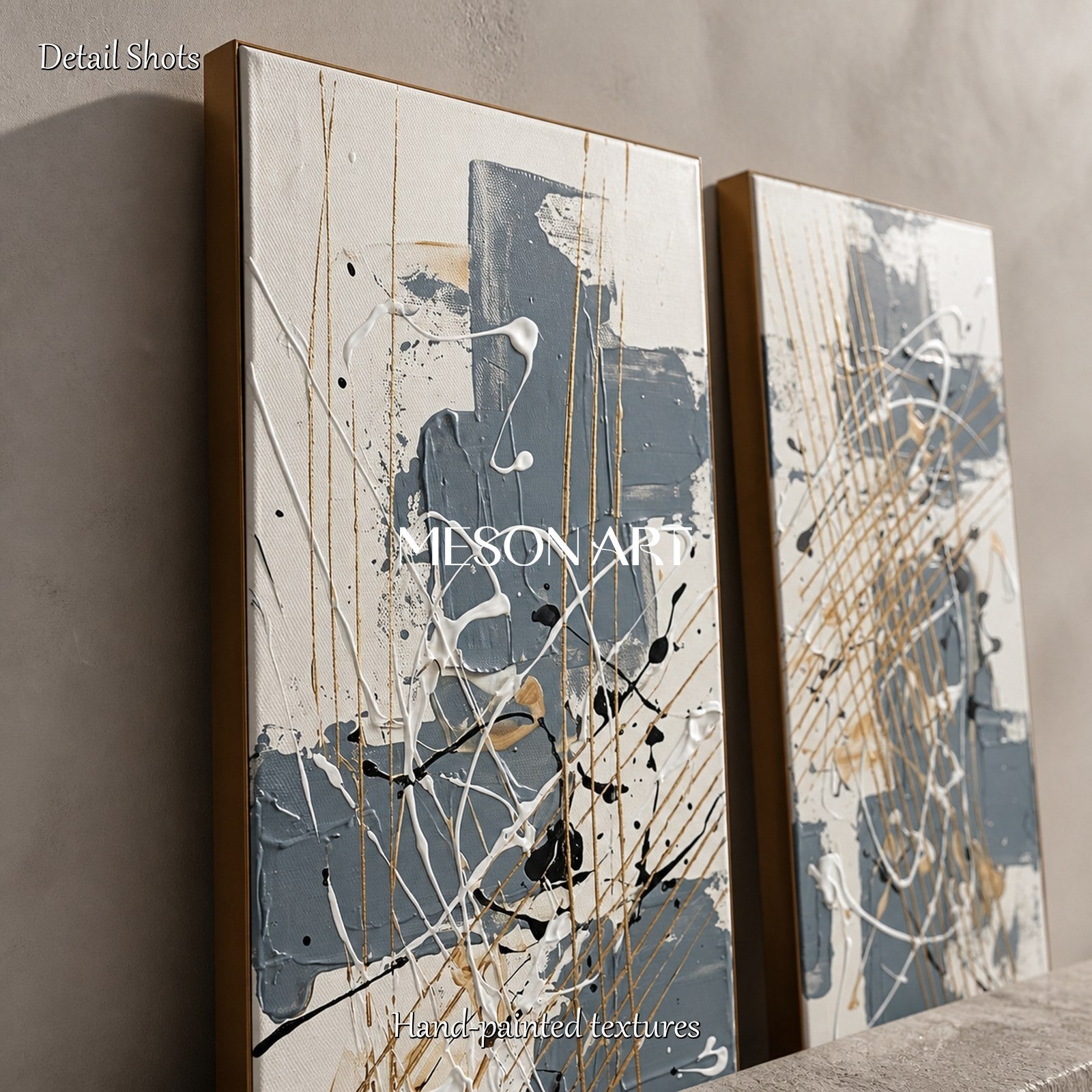 Blue And Gold Abstract Painting Jackson Pollock Inspired Art Style Rectangular Wall Decor For Living Room By Mesonart