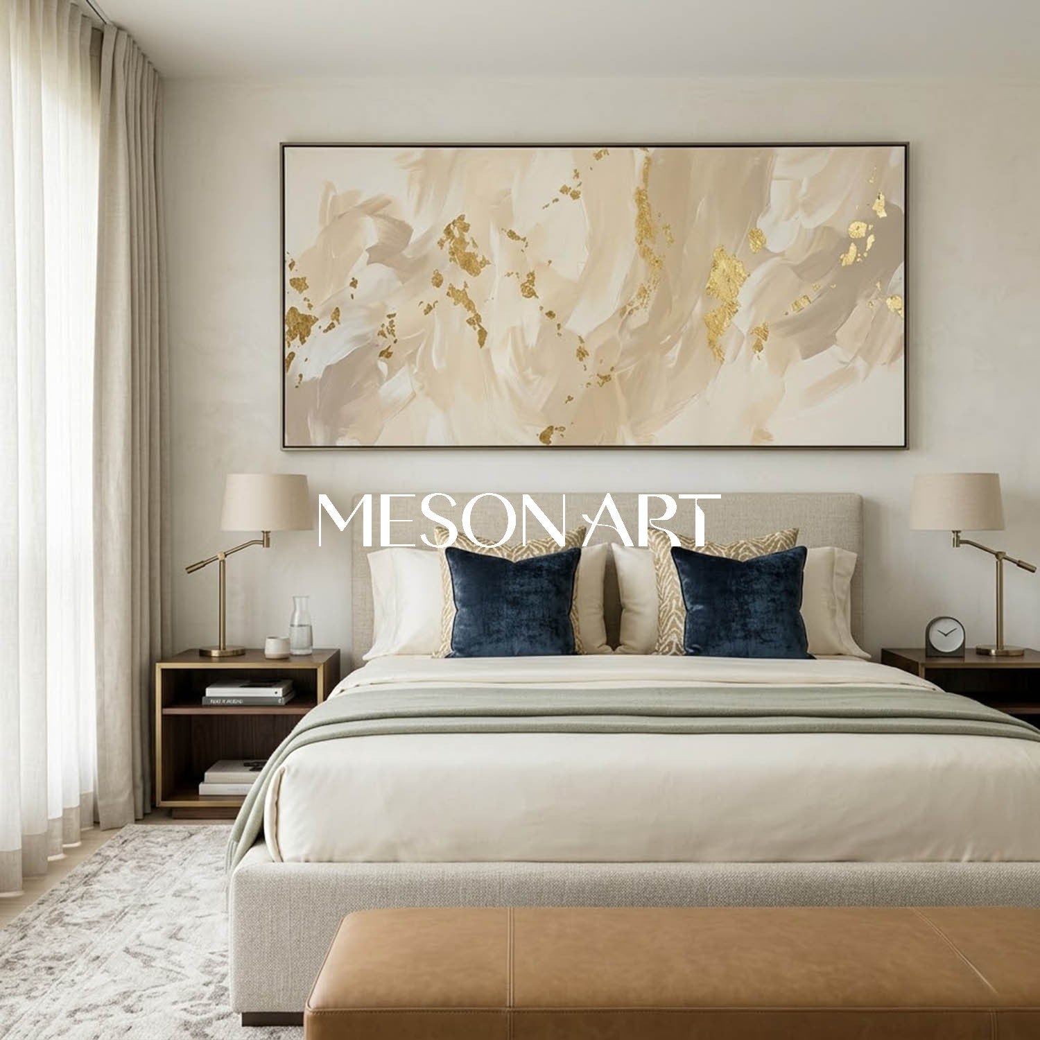 Luxury Minimalist Abstract Art With Gold Leaf Accents For Modern Living Room Decor