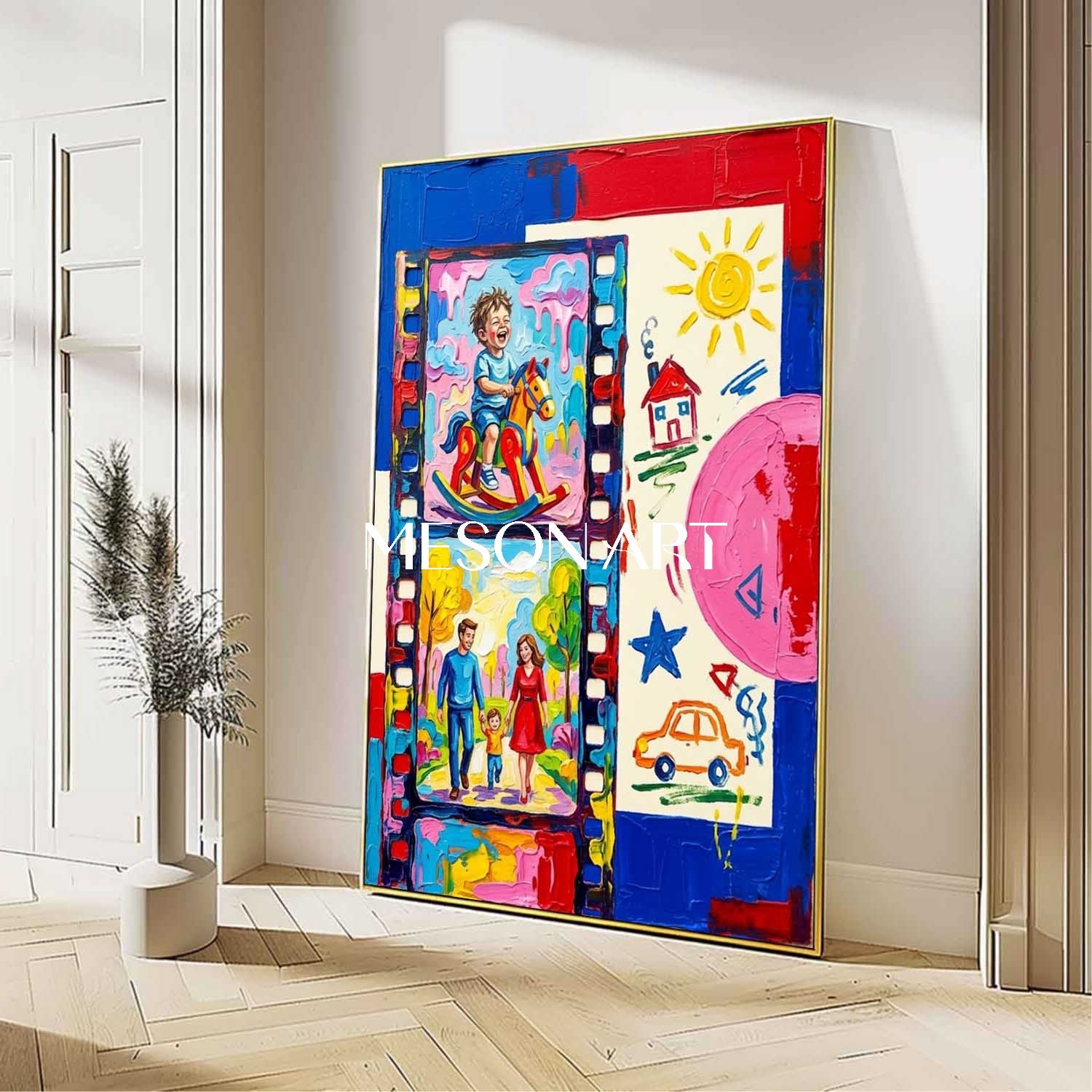 Vibrant Family Portrait Pop Art Painting With Film Strip Design For Kids Room Decor