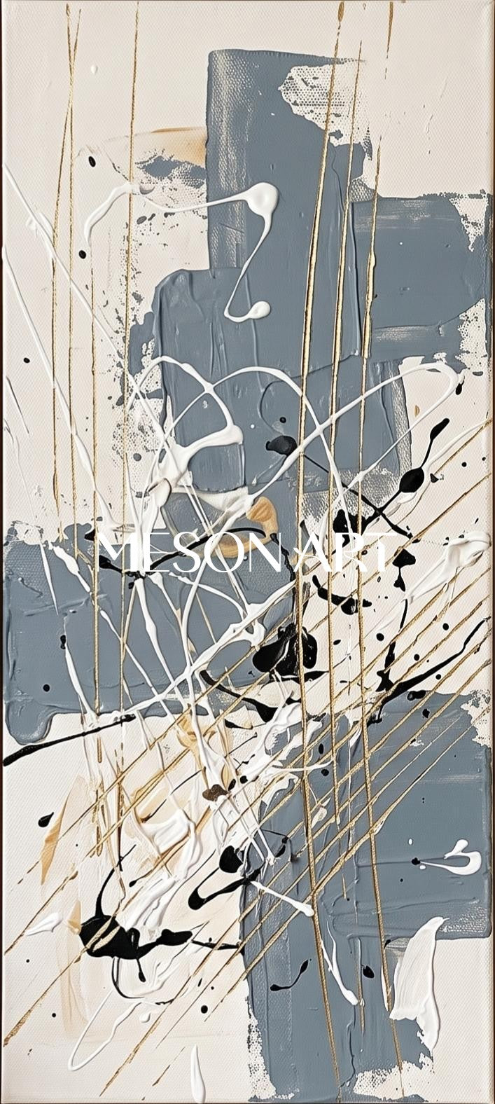 Blue And Gold Abstract Painting Jackson Pollock Inspired Art Style Rectangular Wall Decor For Living Room By Mesonart