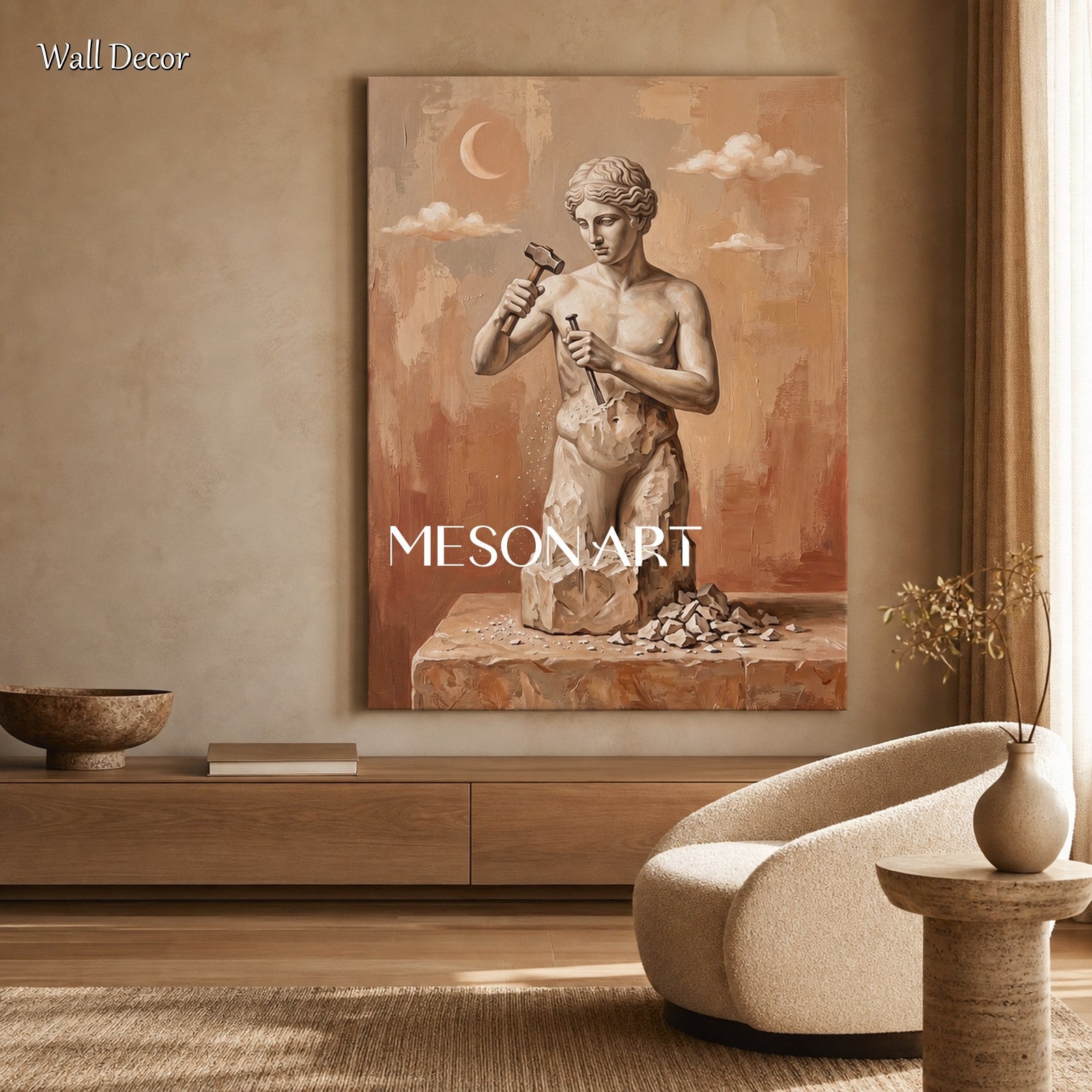 Surrealist Sculpture Painting With Moon And Clouds In Beige Brown Tones For Modern Living Room Decor