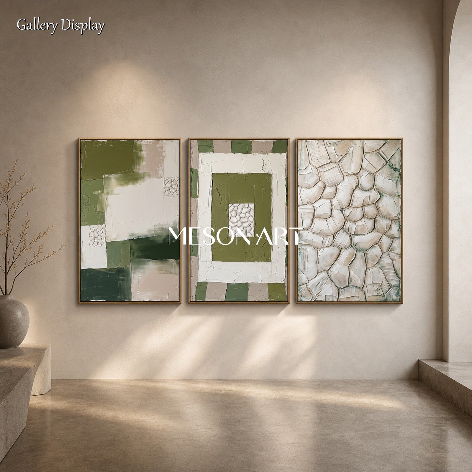 Green And White Abstract Triptych With Textured Relief For Modern Living Room Decor