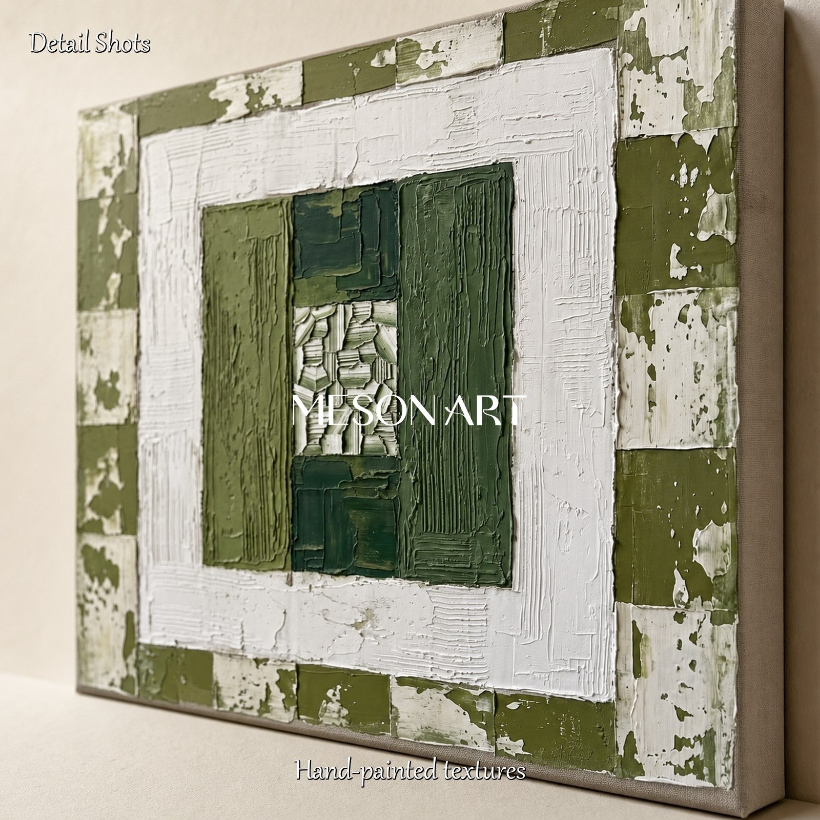Green And White Abstract Wall Art With Textured Relief For Modern Living Room Decor