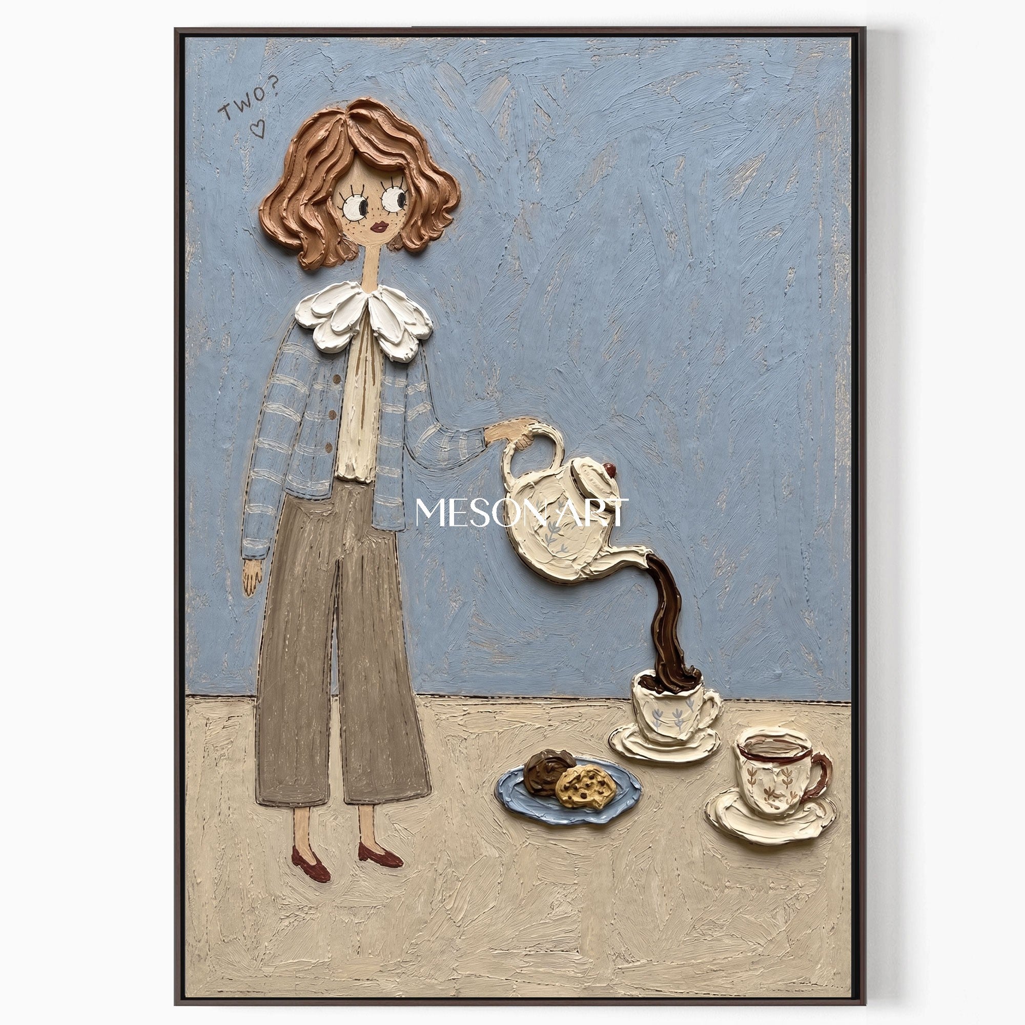 Whimsical Pop Art Painting Of Girl Pouring Tea For Modern Kitchen Wall Decor