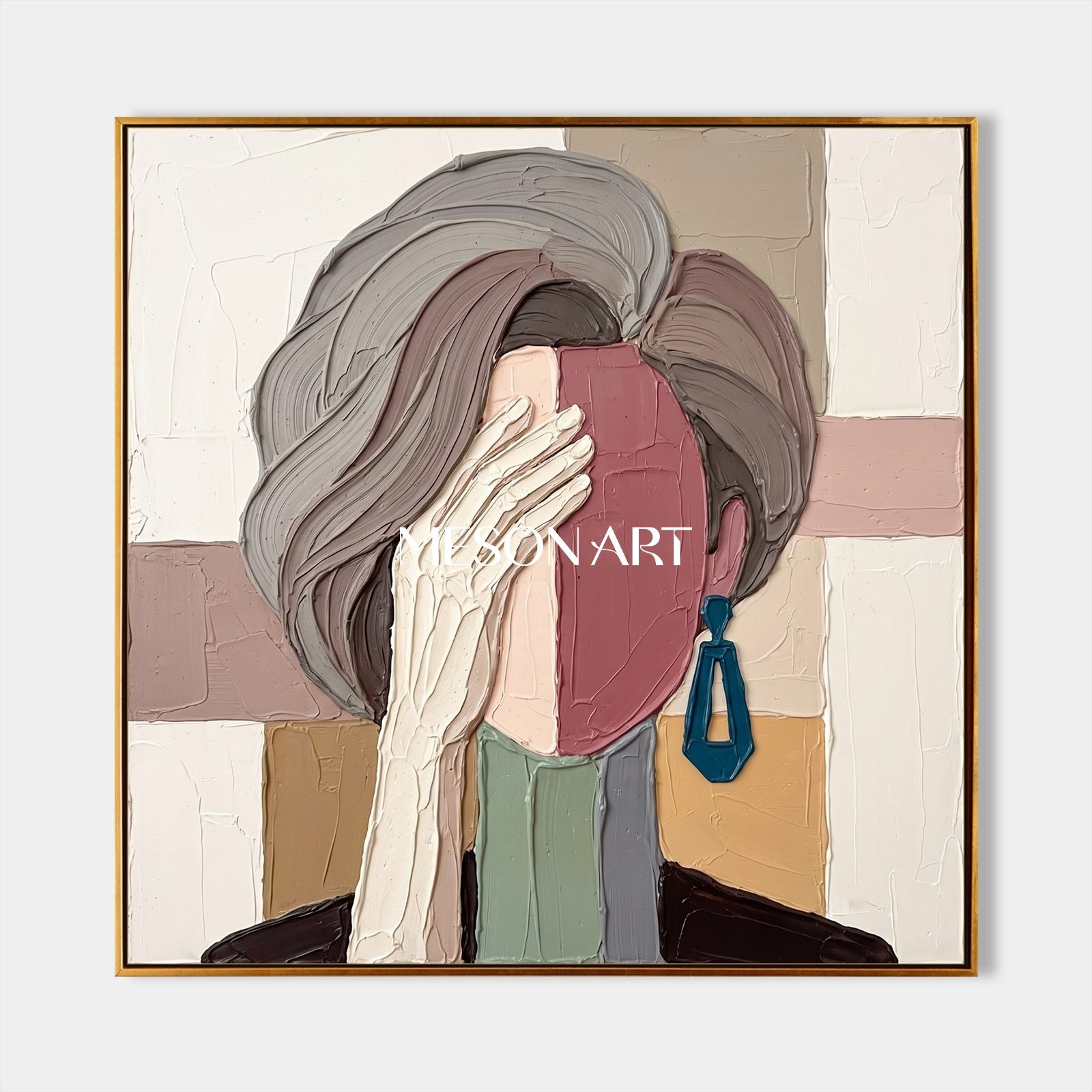 Beige And Gray Abstract Portrait Painting Square Wall Art For Living Room By Mesonart