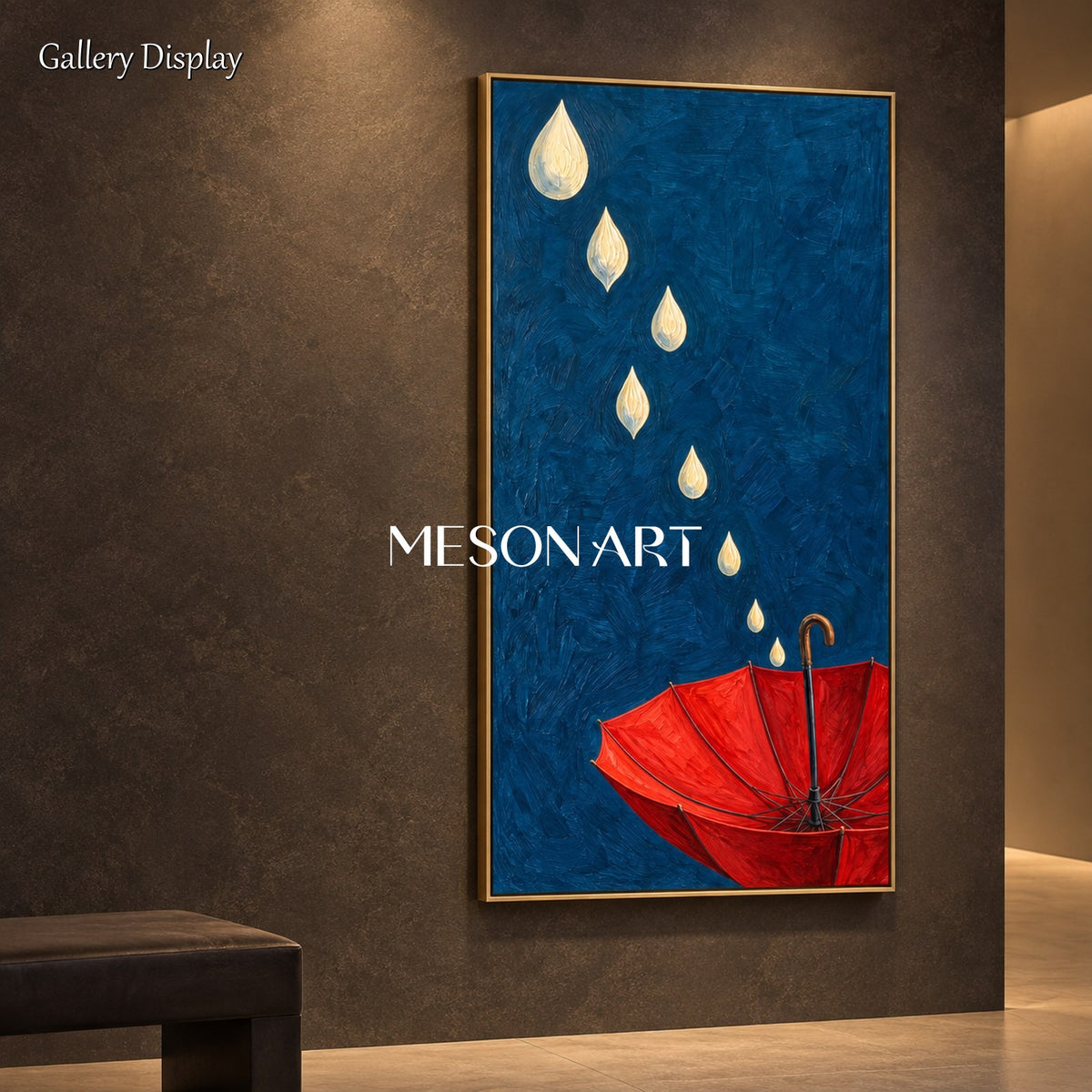 Blue And Red Surrealist Umbrella Painting Panoramic Original Artist Hand Painted Wall Art For Living Room By Mesonart
