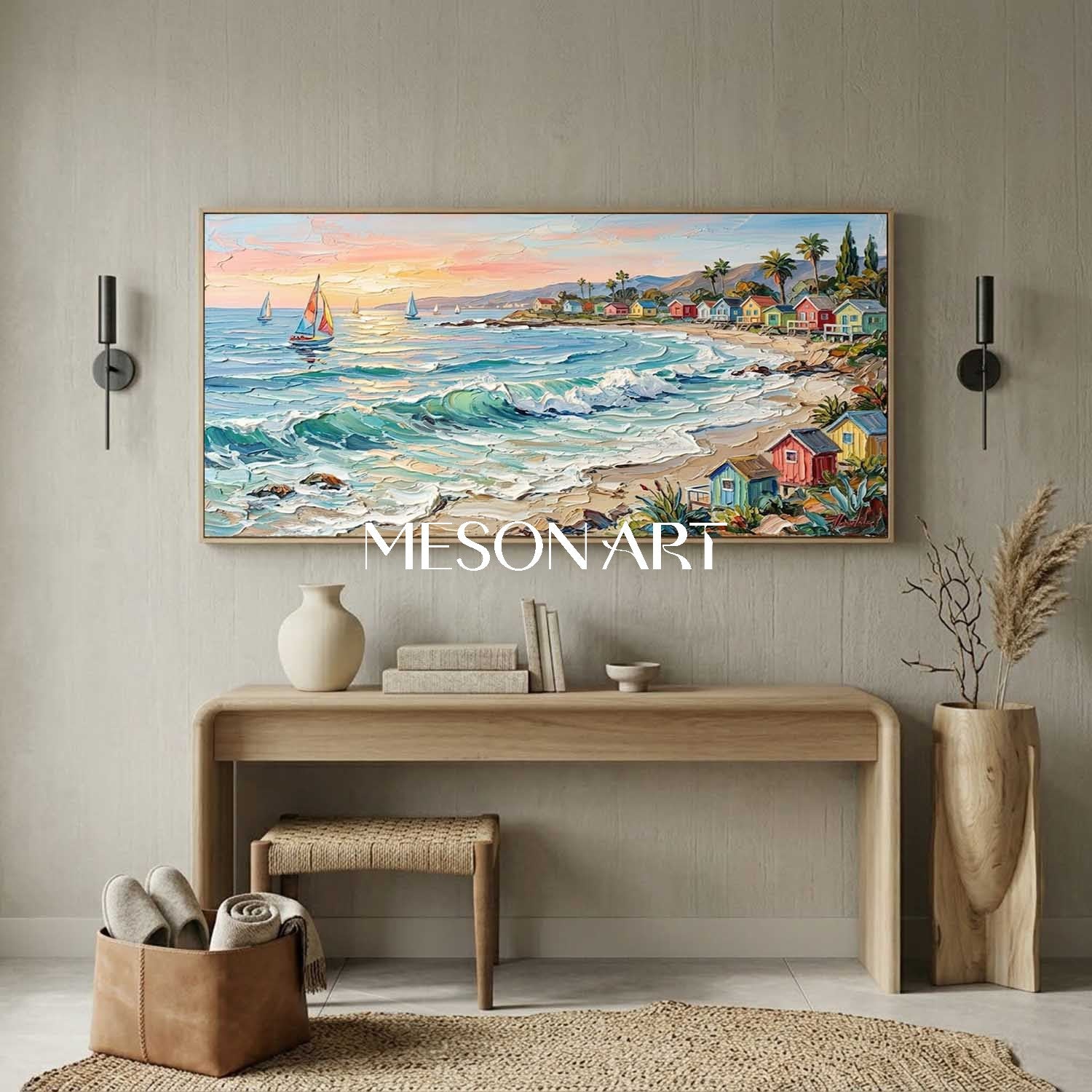 Luxury Mediterranean Coastal Oil Painting With Colorful Cottages And Turquoise Waves For Living Room