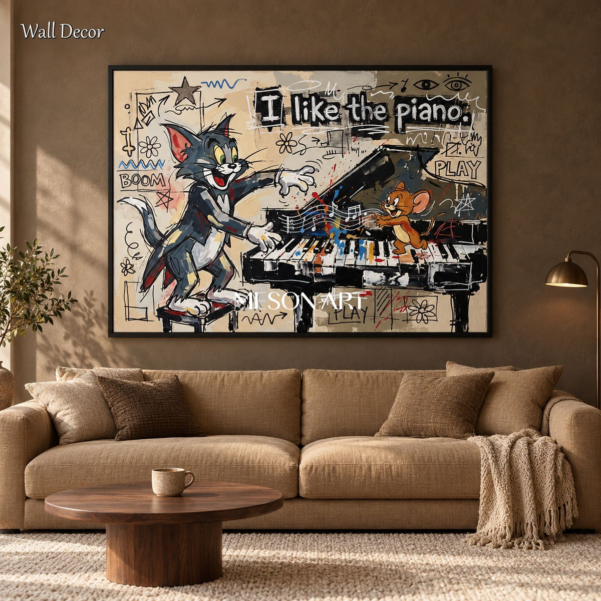 Beige And Black Cartoon Wall Art Rectangular Pop Anime Original Artist Hand Painted Tom And Jerry By Mesonart
