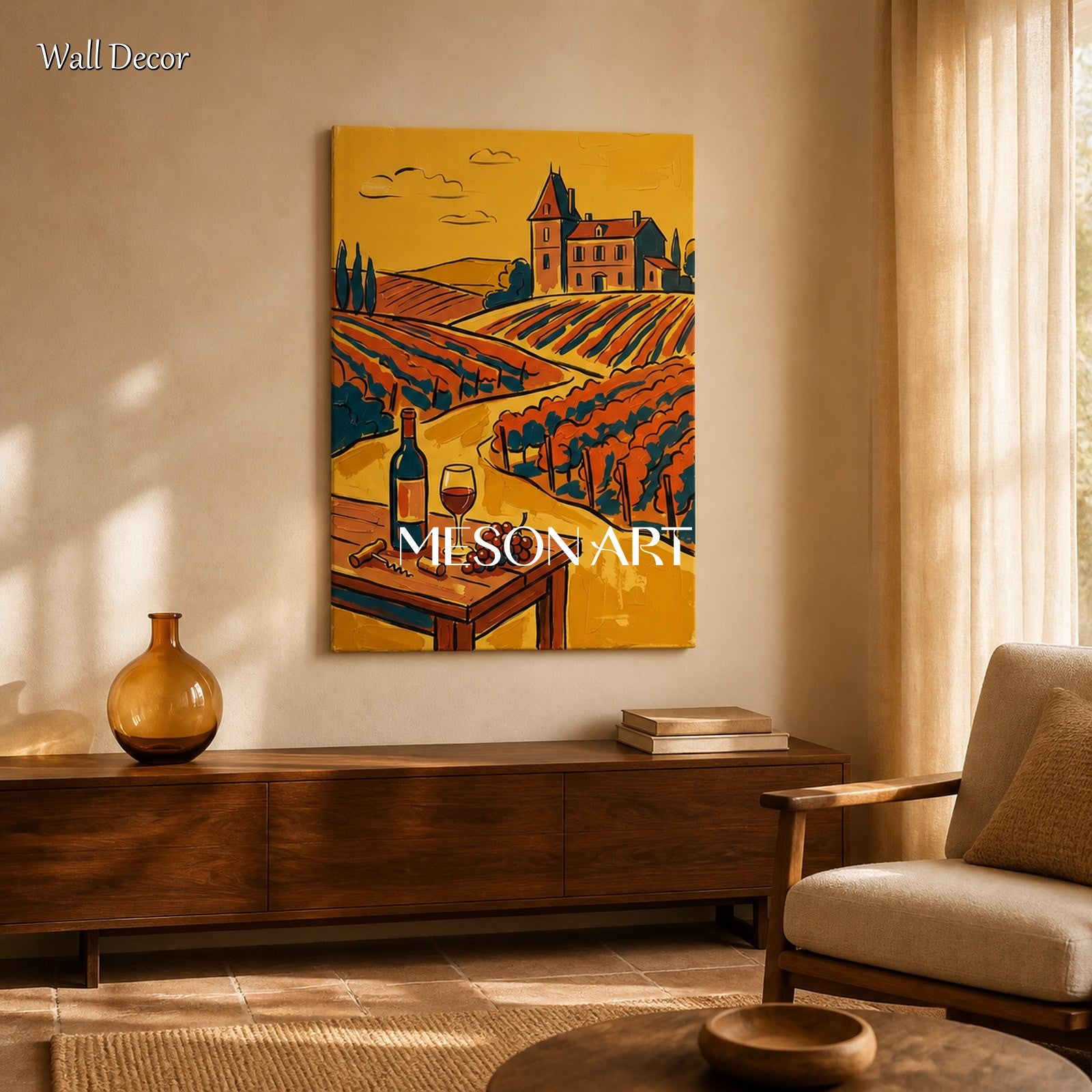 Gold And Red Contemporary Figurative Vineyard Landscape Painting Rectangular Wall Art For Dining Room By Mesonart