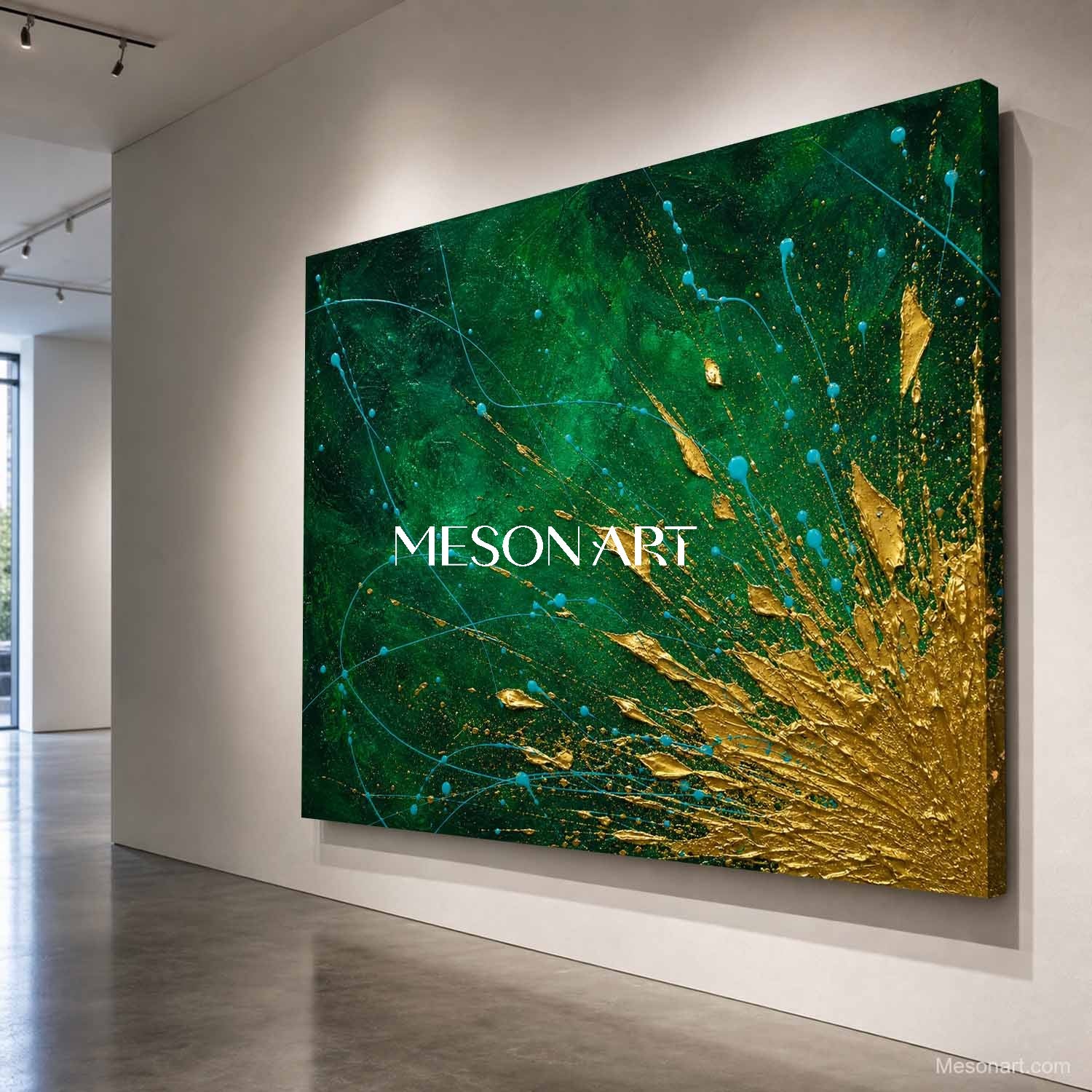 Green And Gold Abstract Painting With Fluid Motion Texture For Living Room Decor