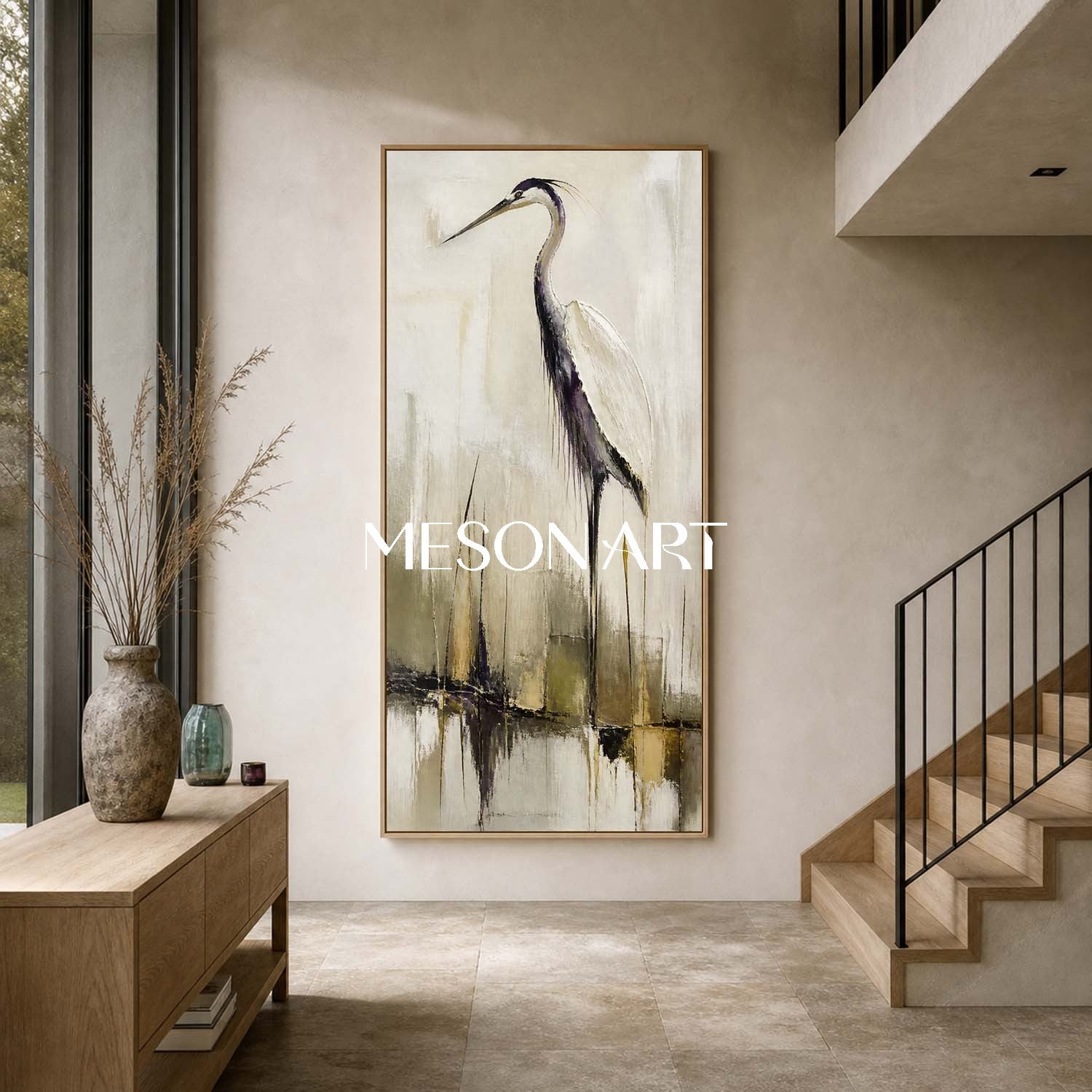 Minimalist Heron Painting Abstract Bird Canvas Art For Modern Home Decor
