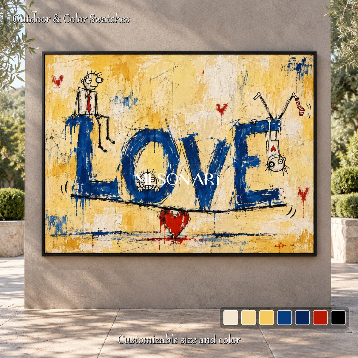 Yellow And Blue Abstract Graffiti Painting Original Artist Rectangular Wall Art For Living Room By Mesonart