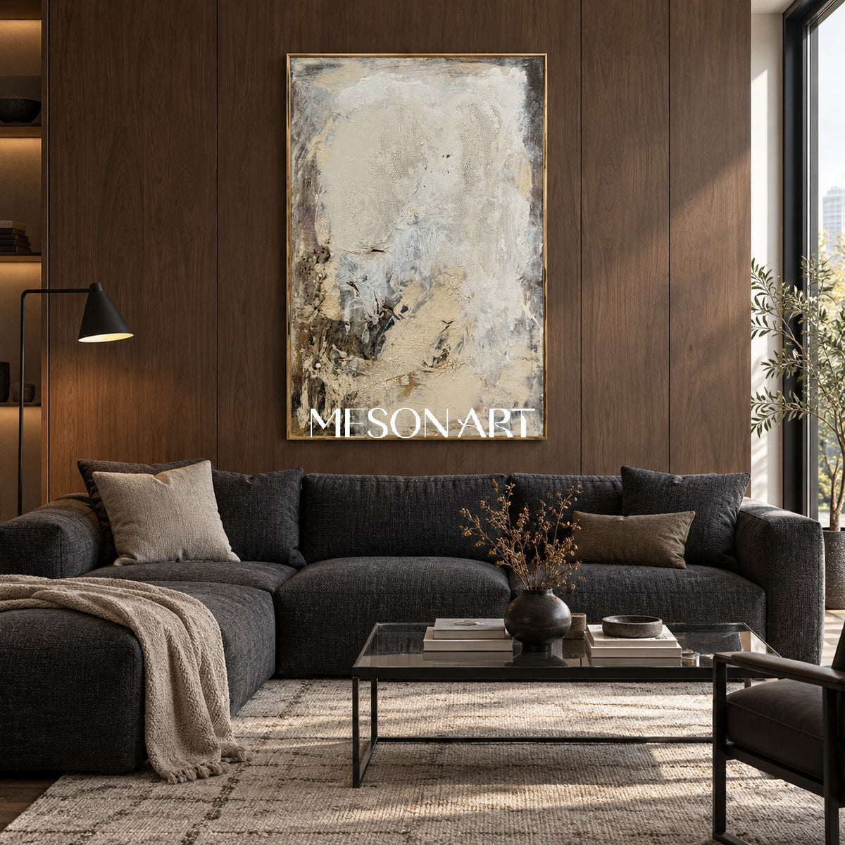 Neutral Black And White Abstract Painting Modern Textured Canvas Wall Art For Living Room By Mesonart