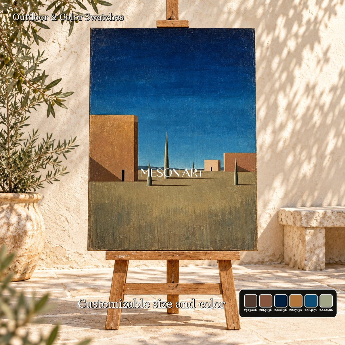 Blue Brown Surrealist Metaphysical Architectural Geometric Nostalgic Rectangular Wall Art By Mesonart