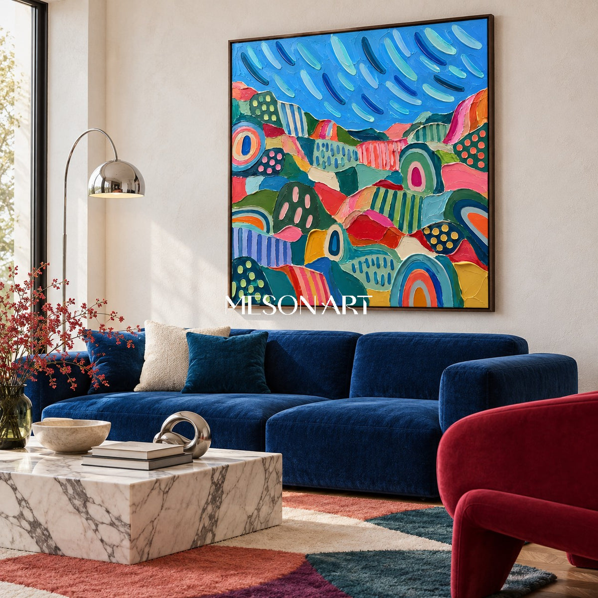 Blue And Green Abstract Landscape Painting Square Wall Art For Living Room By Mesonart