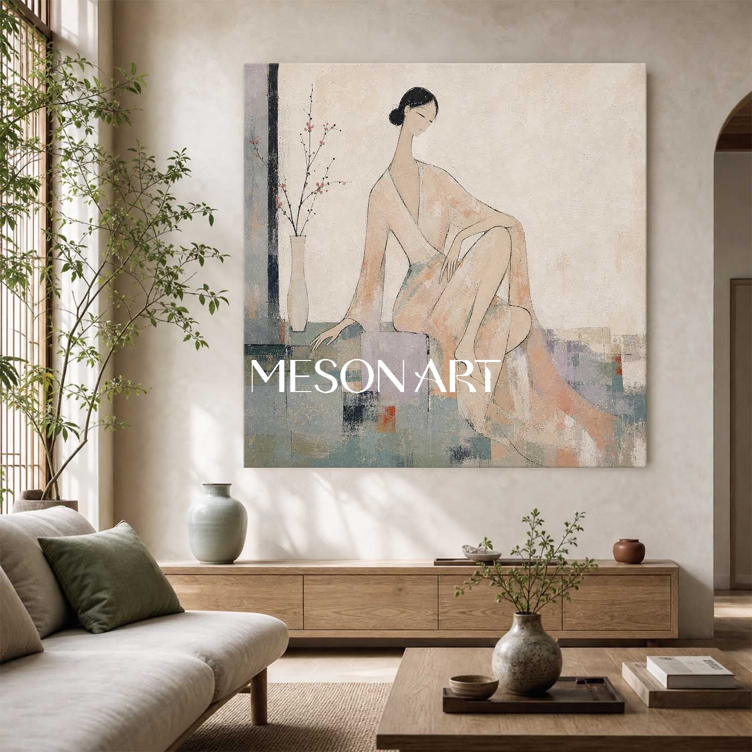 Minimalist Female Portrait Painting In Beige And Gray For Modern Bedroom Decor