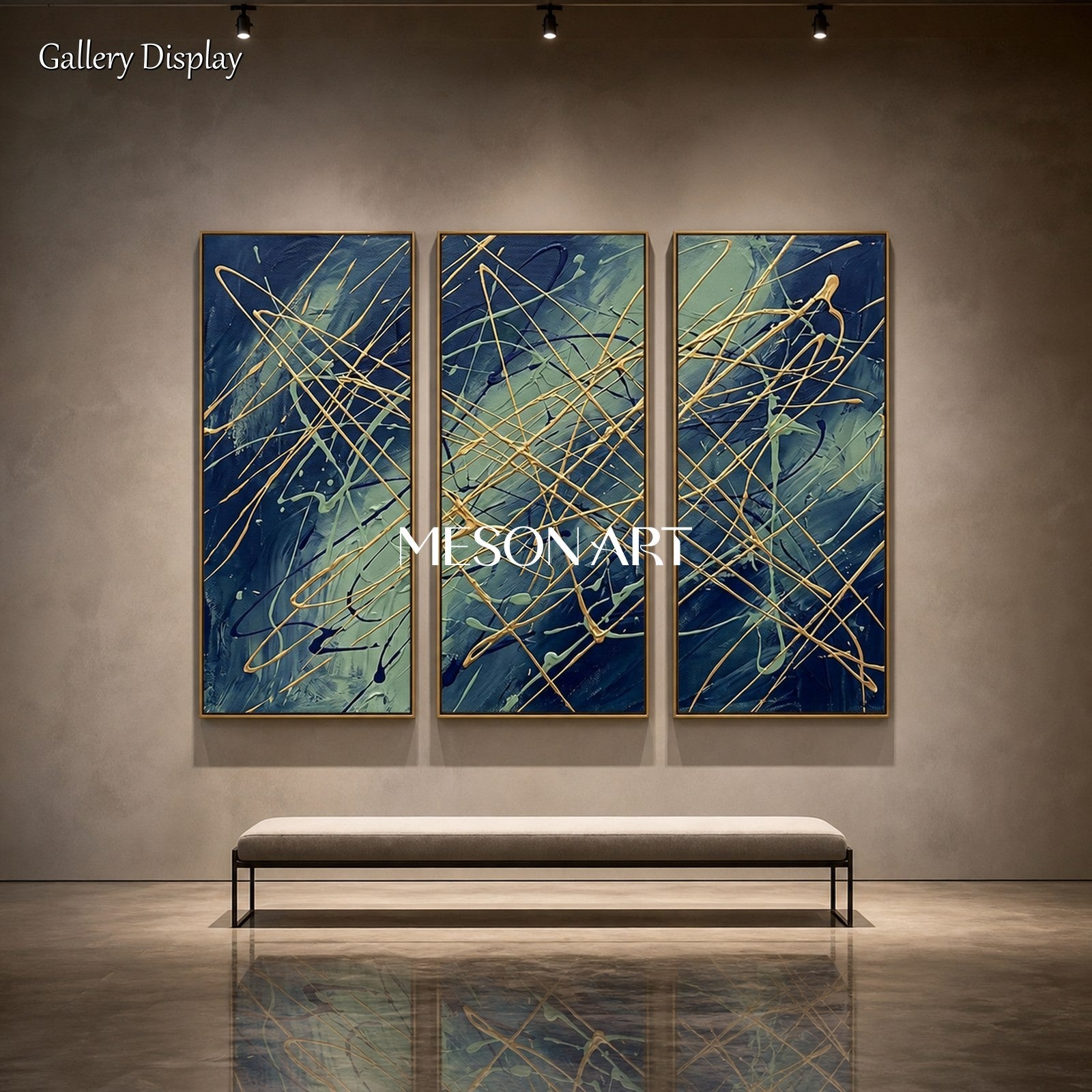 Blue And Gold Abstract Expressionism Painting Rectangular Wall Art For Living Room By Mesonart