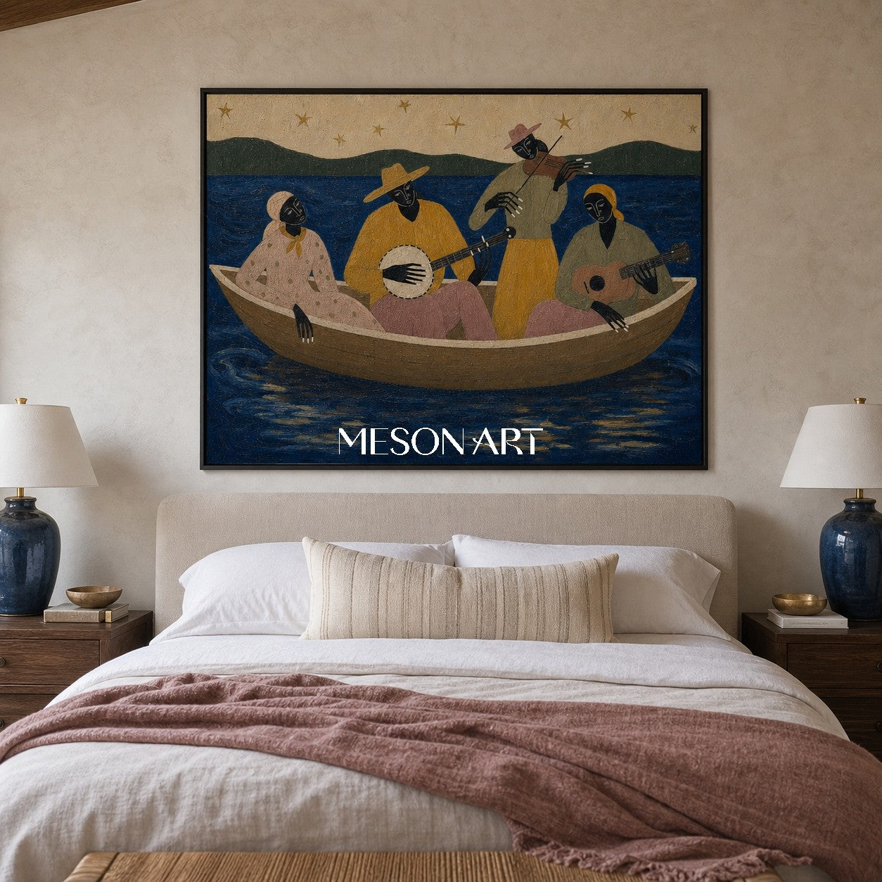 Expressive Musician Boat Painting With Ocean Stars For Living Room Decor