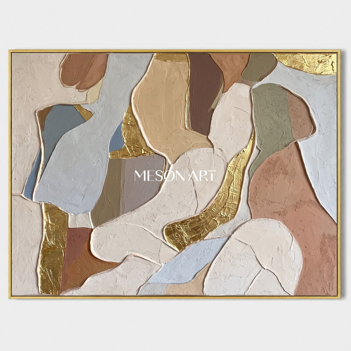 Beige And Gold Abstract Textured Organic Minimal Modern Rectangular Wall Art For Living Room By Mesonart