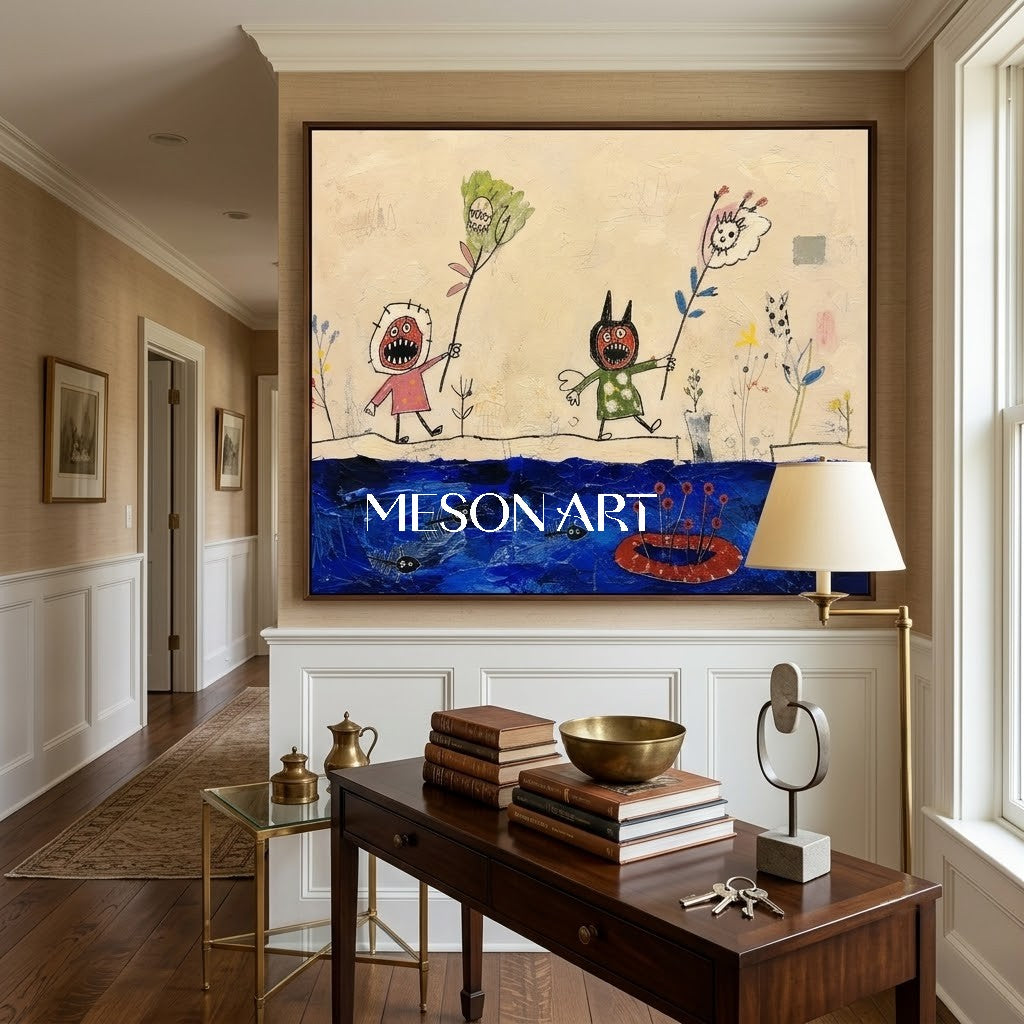 Original Expressionist Figurative Painting With Textured Blue Beige For Modern Living Room