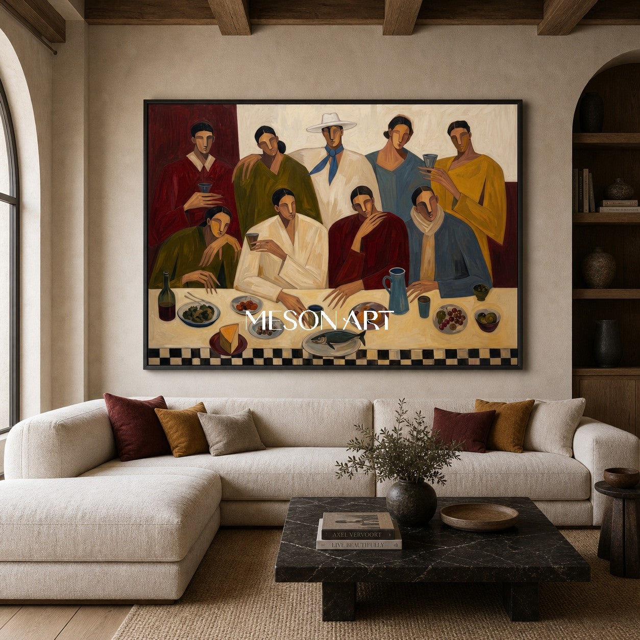 Modern Figurative Painting Of People Dining With Earthy Colors For Home