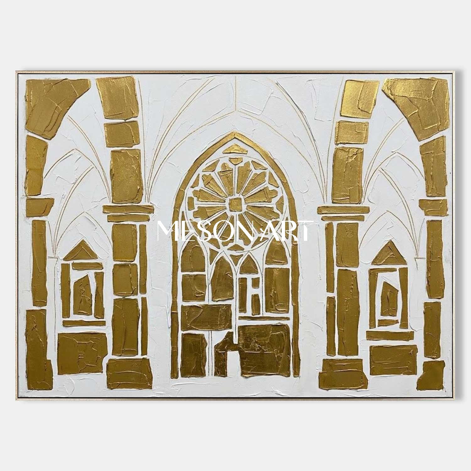 Gothic Arch Geometric Painting Modern Gold 3D Textured Architectural Canvas Wall Art Gold And White Abstract Art