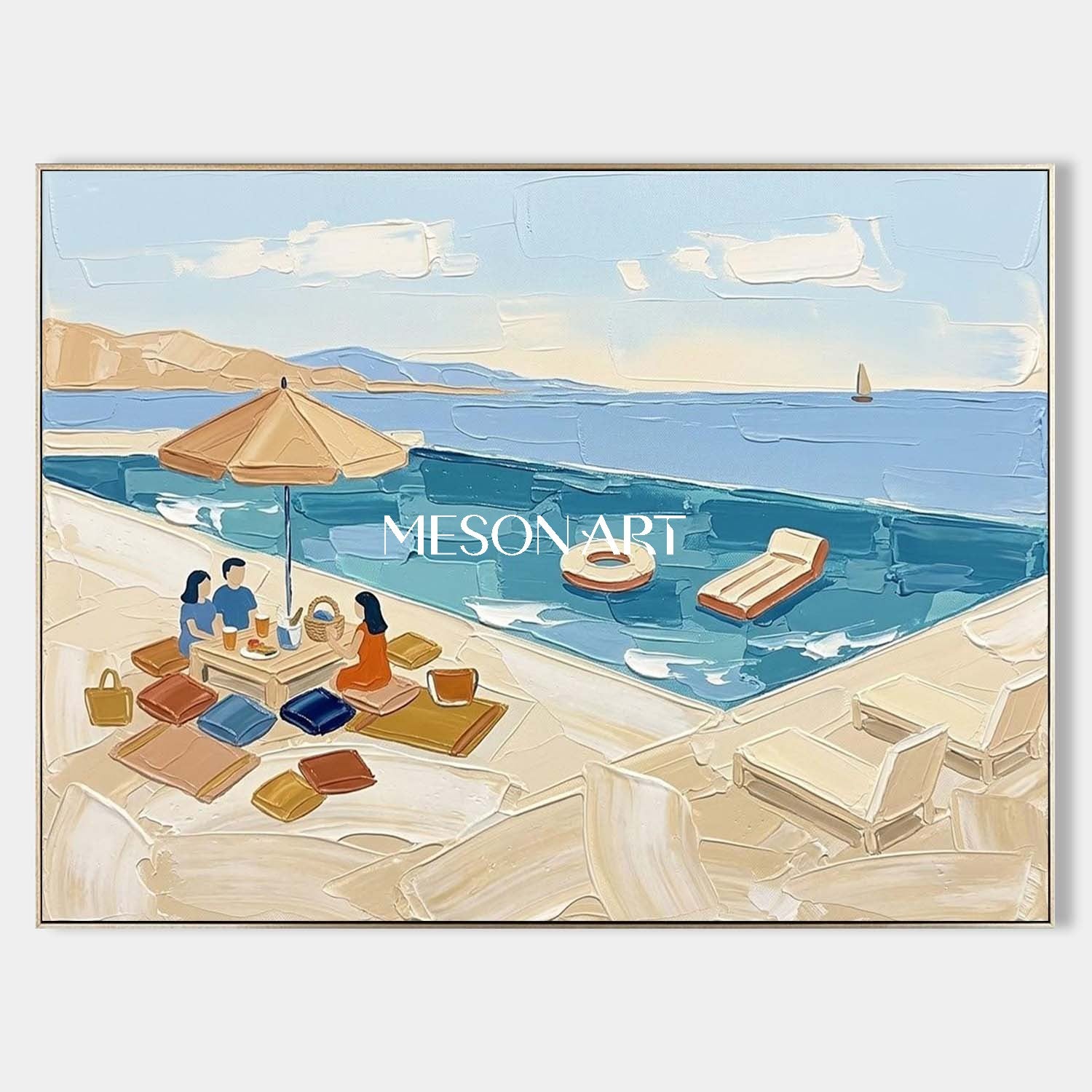 Coastal Pool Picnic Impasto Painting Textured Wall Art Summer Coastal Resort Living Room Bedroom Decor