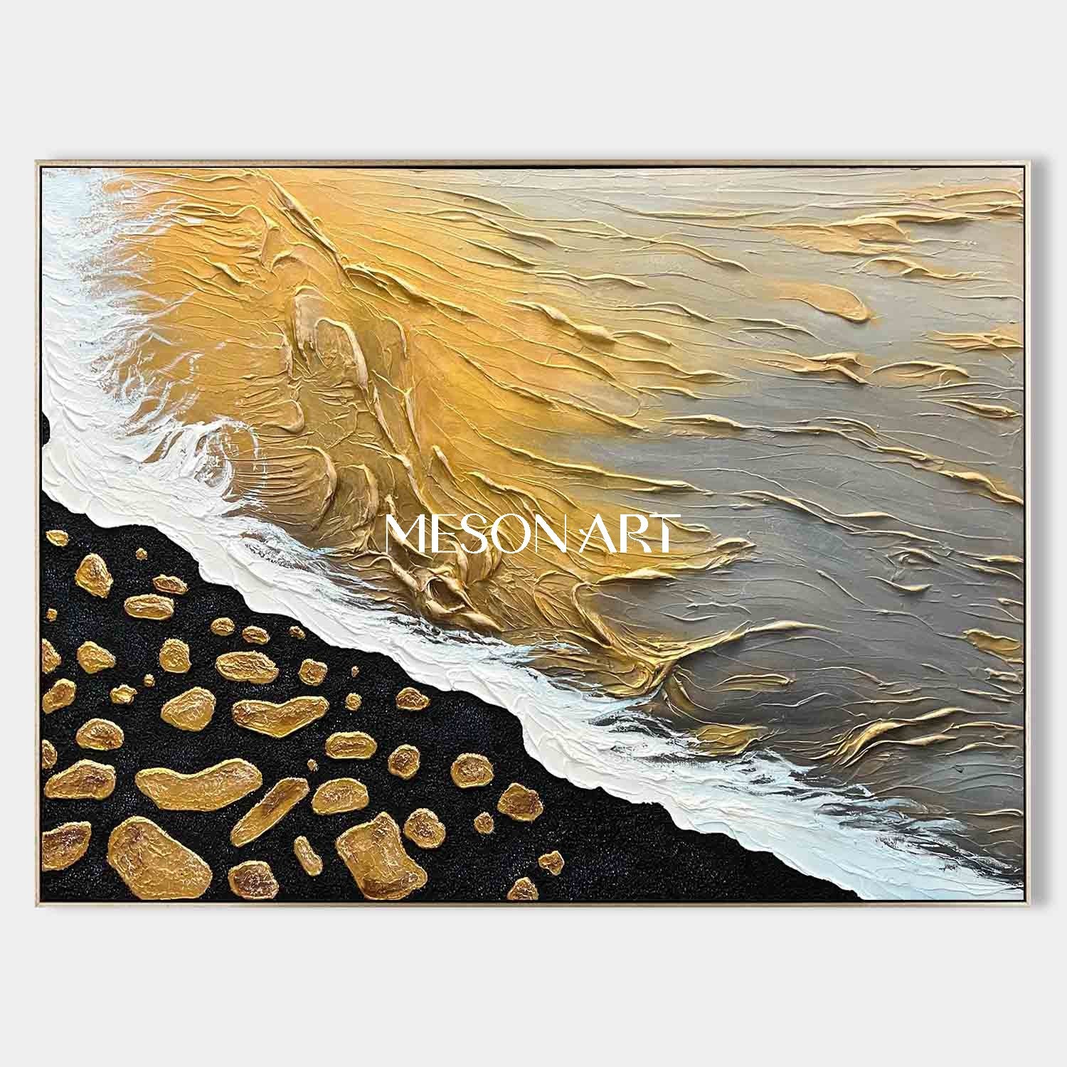 Gold and Black Wave and Beach Textured Canvas Art, Wave and Beach Texture Painting