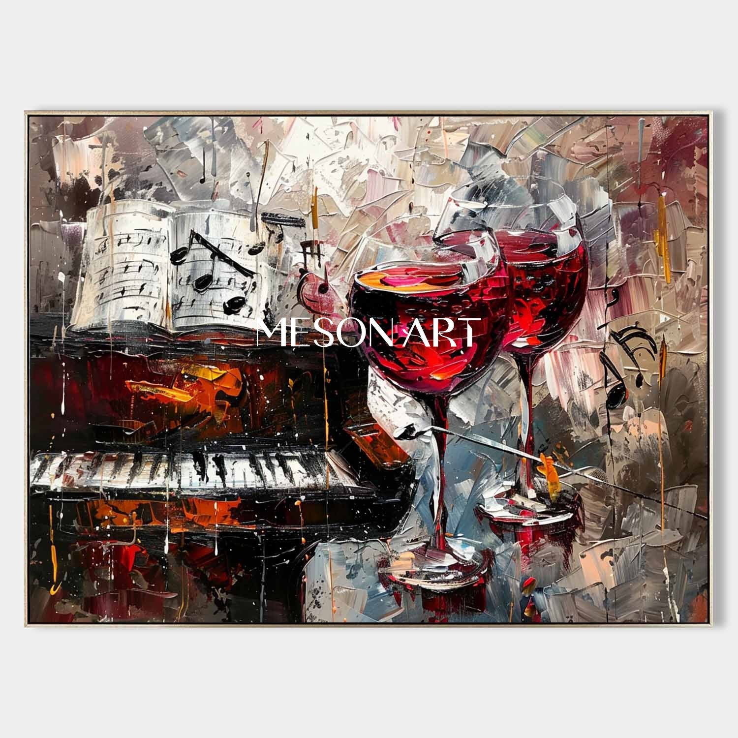 Large Red Wine Glass and Piano Abstract Canvas Art for Sale Piano and Wine Wall Art Decor