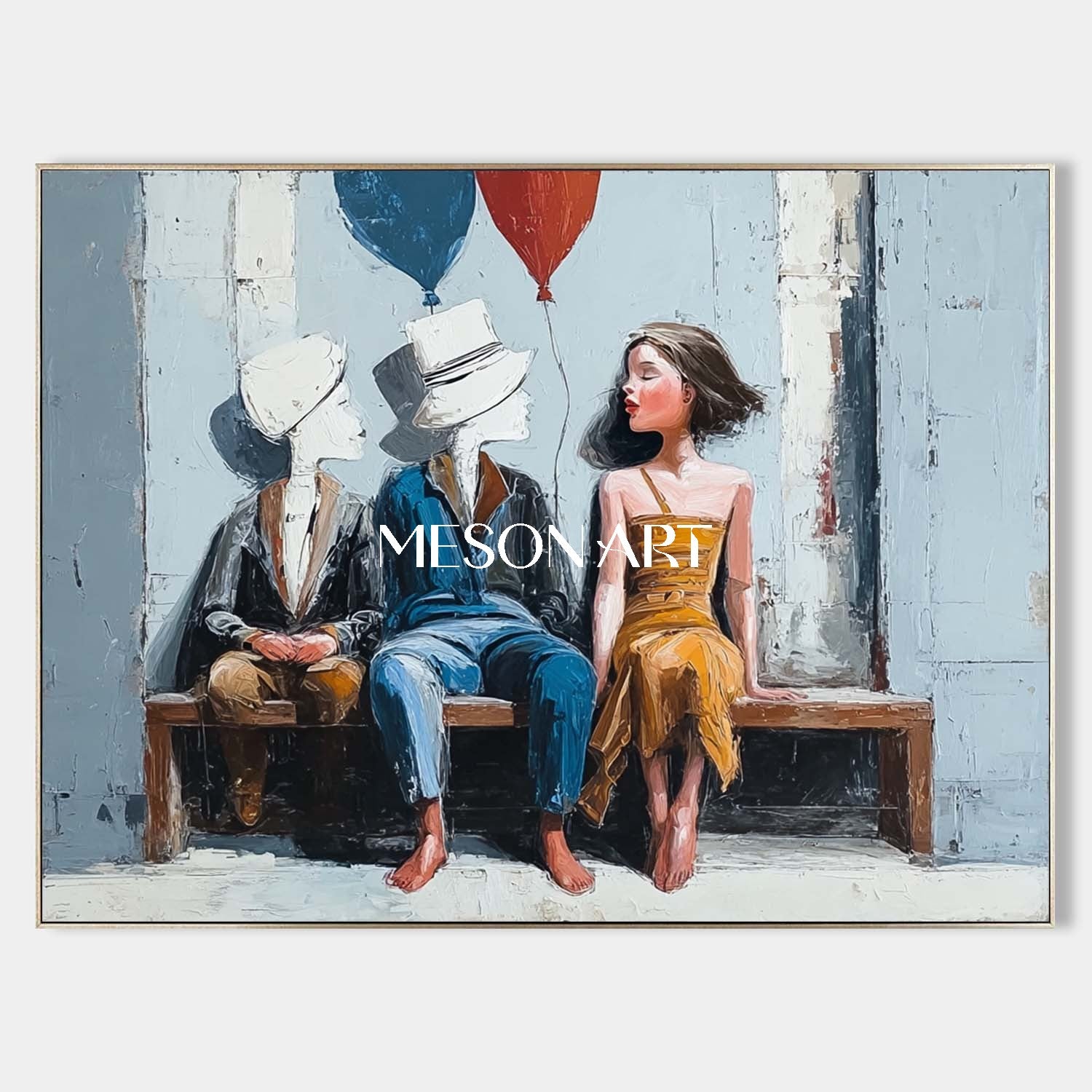 Surreal Boy and Girl with Balloons Abstract Kids Sitting on Bench | Mesonart