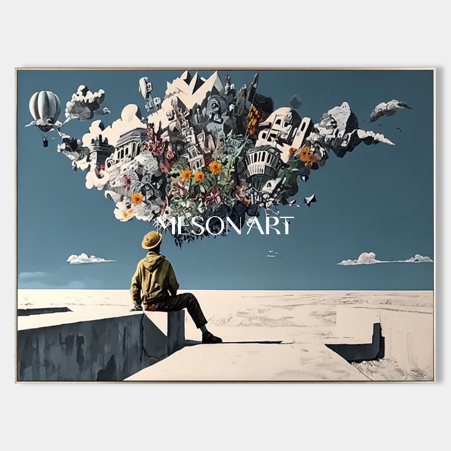 Surreal Boy and City Wall Art Floating City Balloons Painting Funny Surrealism Urban Scene