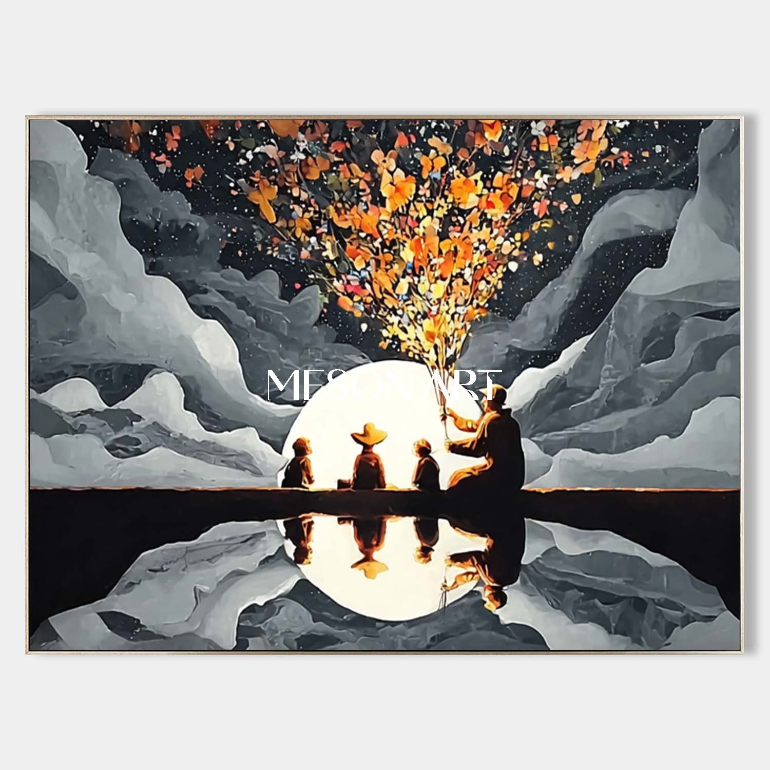 Surreal Moonlight Fireworks with Grandpa and Children – Dreamlike Family Art | Mesonart