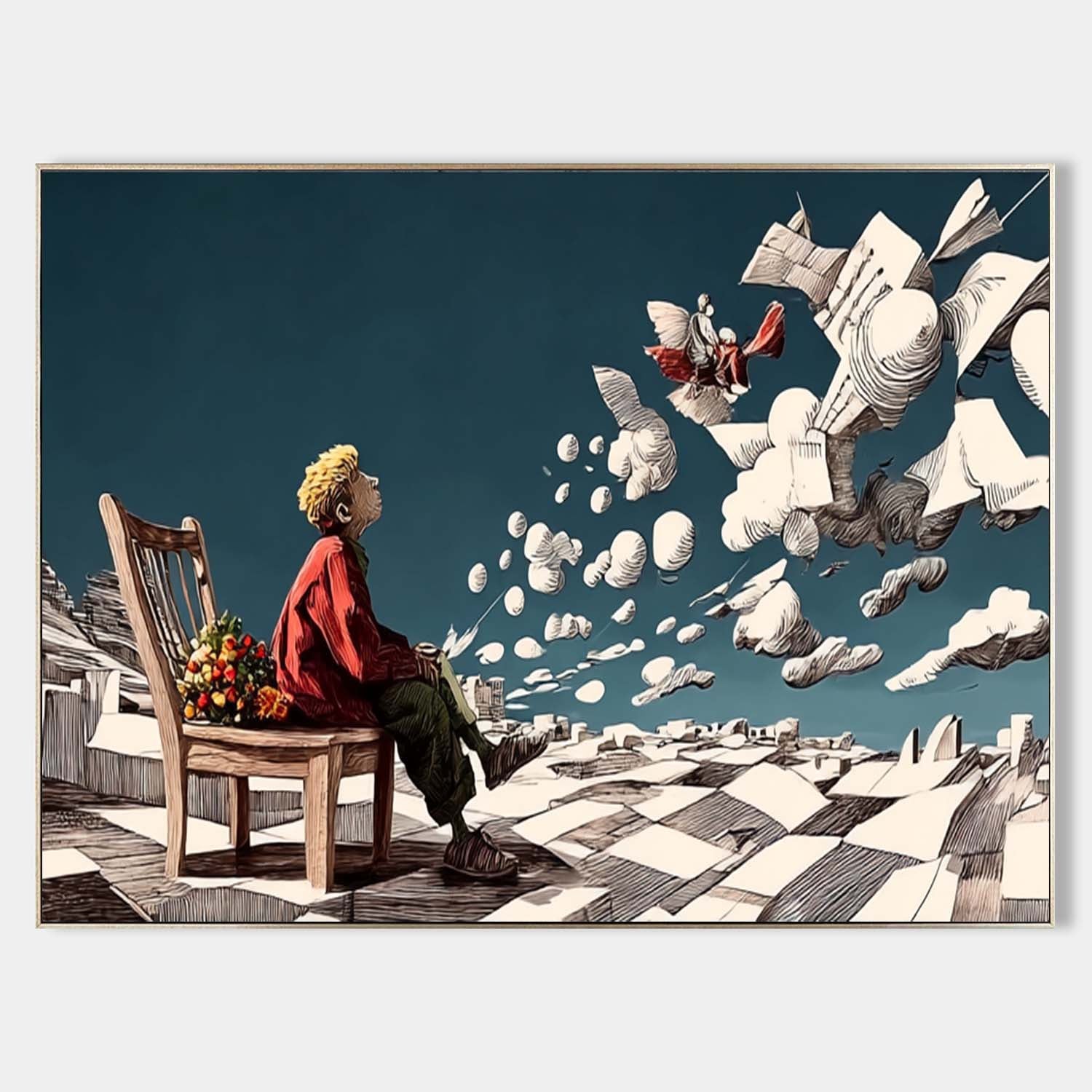 Surreal Boy on Chair with Flying Paper Floor – Conceptual Cloud Art | Mesonart