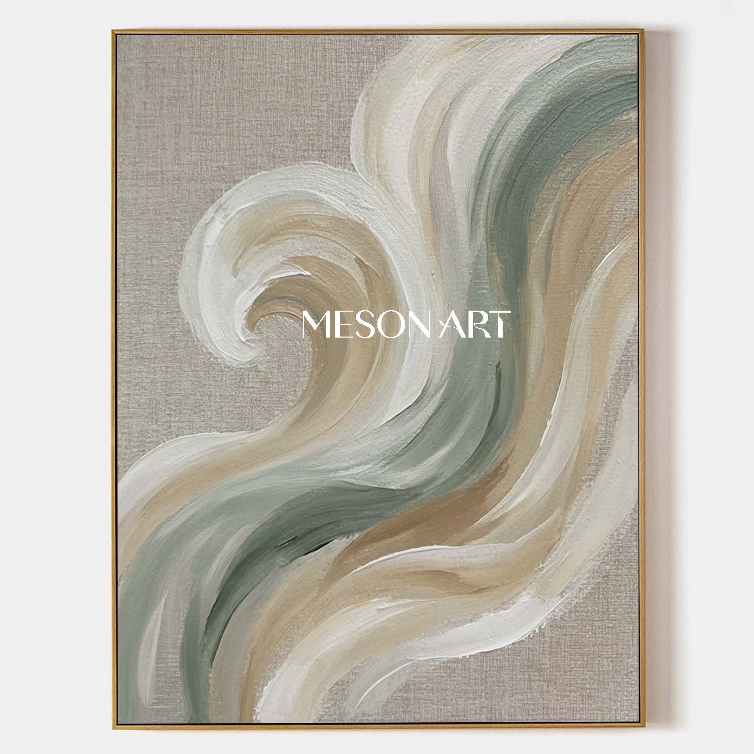 Vertical Sage Green & Beige Wave Art | Textured Modern Coastal Abstract Canvas