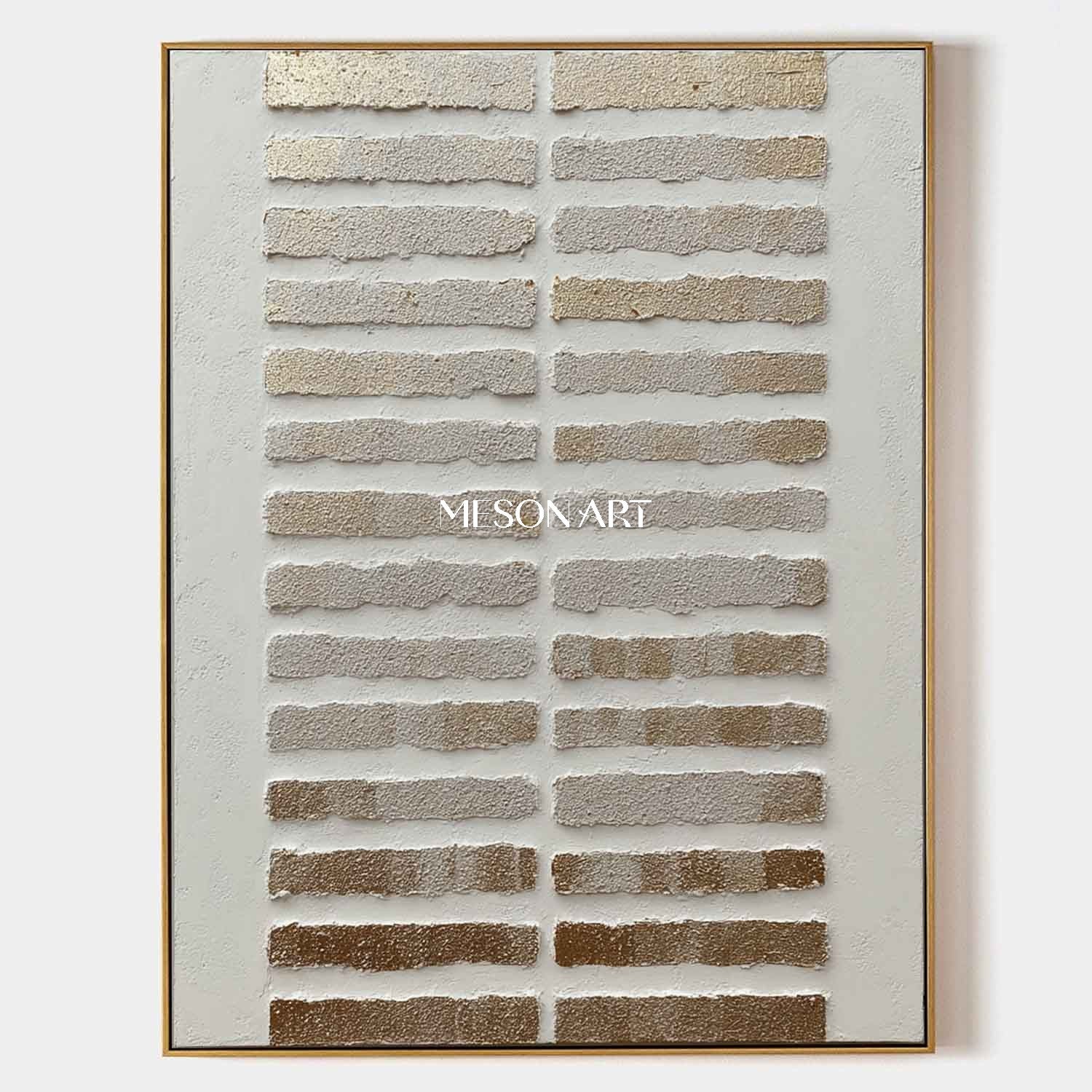 Golden rectangle abstract texture painting. Gold and white minimalist canvas wall art decoration
