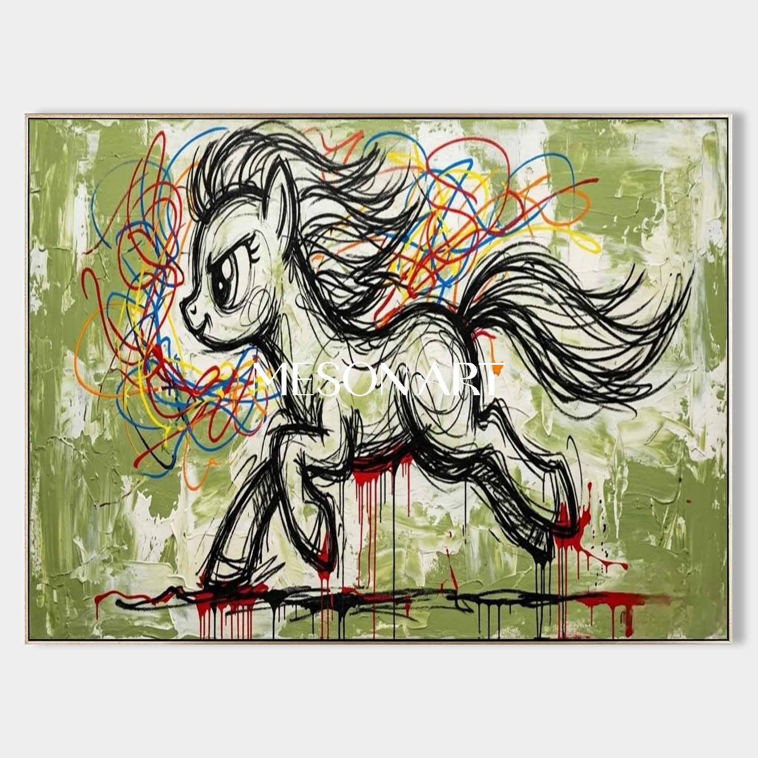 Abstract Graffiti Pony Wall Art Green Plaster Textured 3D Canvas Painting for Modern Decor