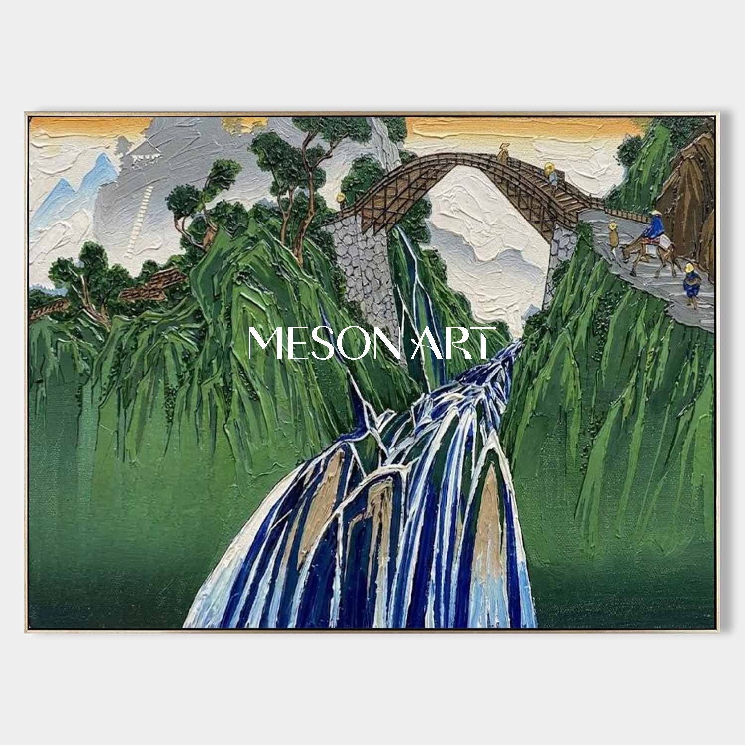 MesonArt 3D Textured Green Mountain & Bridge Oil Painting - Impasto Waterfall Landscape Wall Art