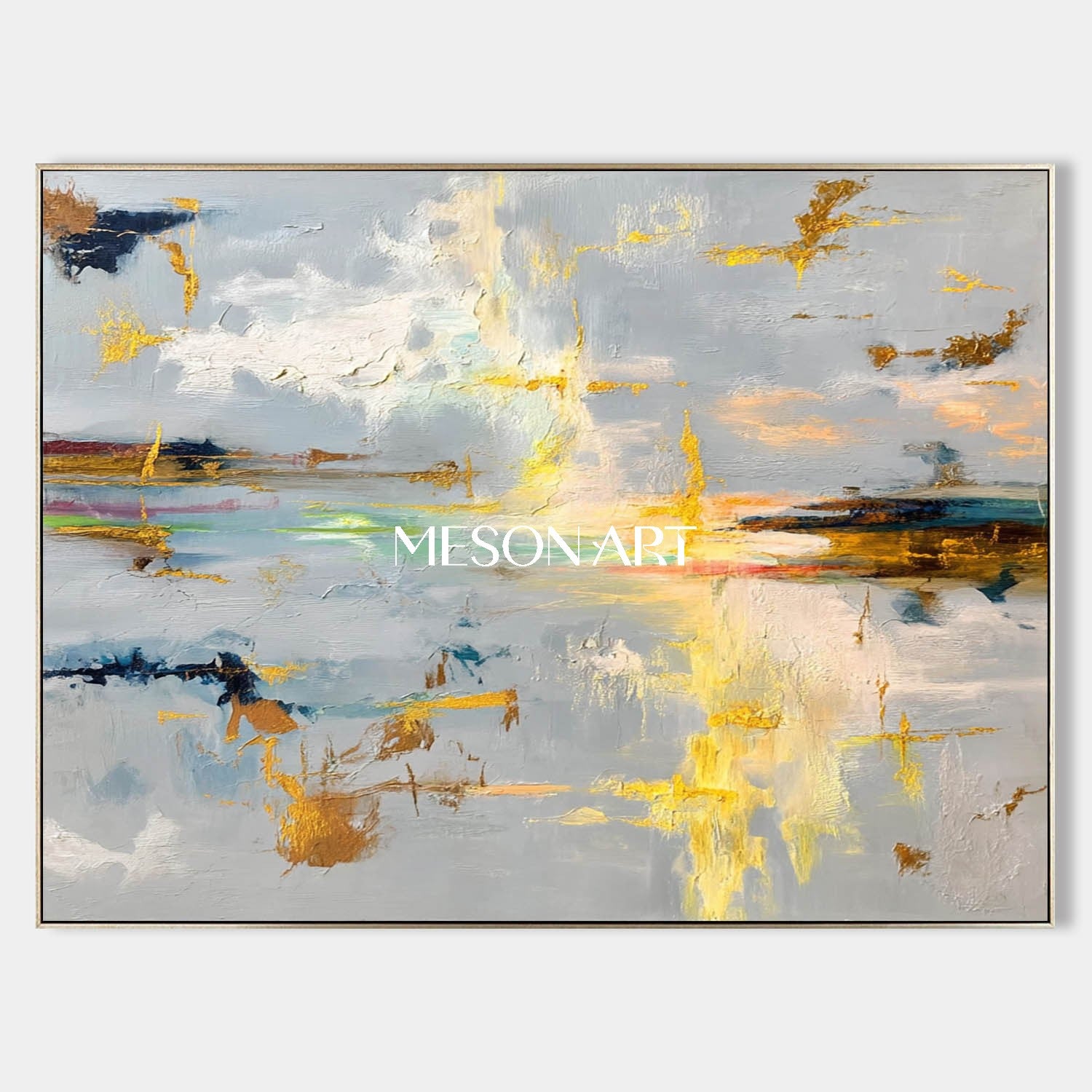 グレーゴールド抽象特大絵画水平リビングルームのアート装飾 – MesonArt